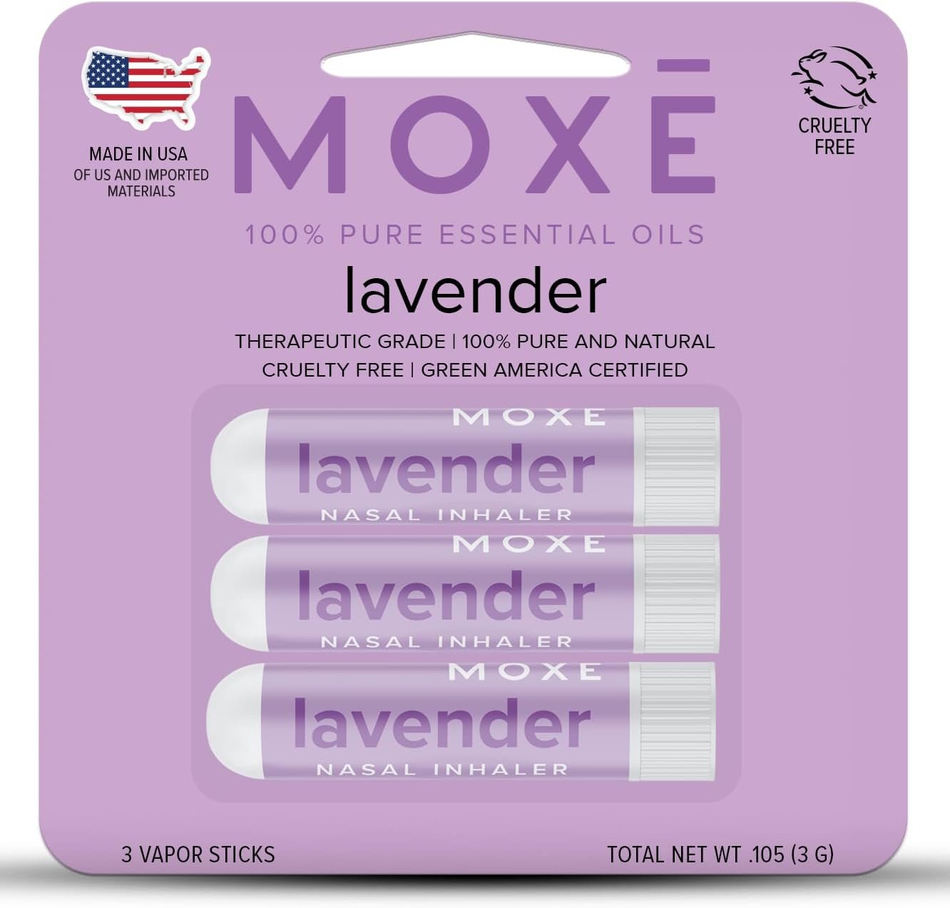 MOXĒ Lavender Essential Oil Nasal Inhaler, Therapeutic No-Mess Aromatherapy, Relaxation, Naturally Calming, Before Sleep Routine, Uplifts Mood, Pure and Undiluted, (3 Pack)