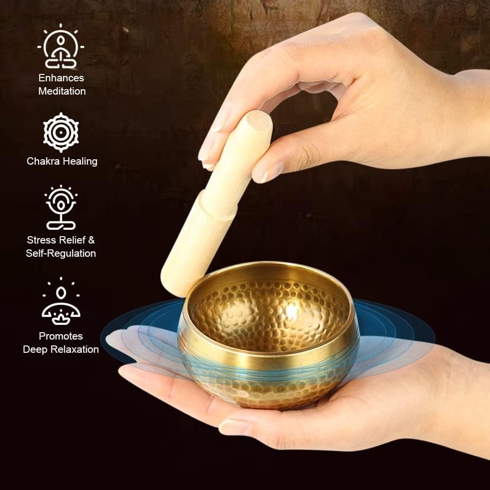 Tibetan Singing Bowl Set – Meditation Sound Bowl Cushion with Wooden Striker for Yoga, Meditation & Relaxation, Mindfulness,Chakra Healing, Stress Relief, Self-Regulation