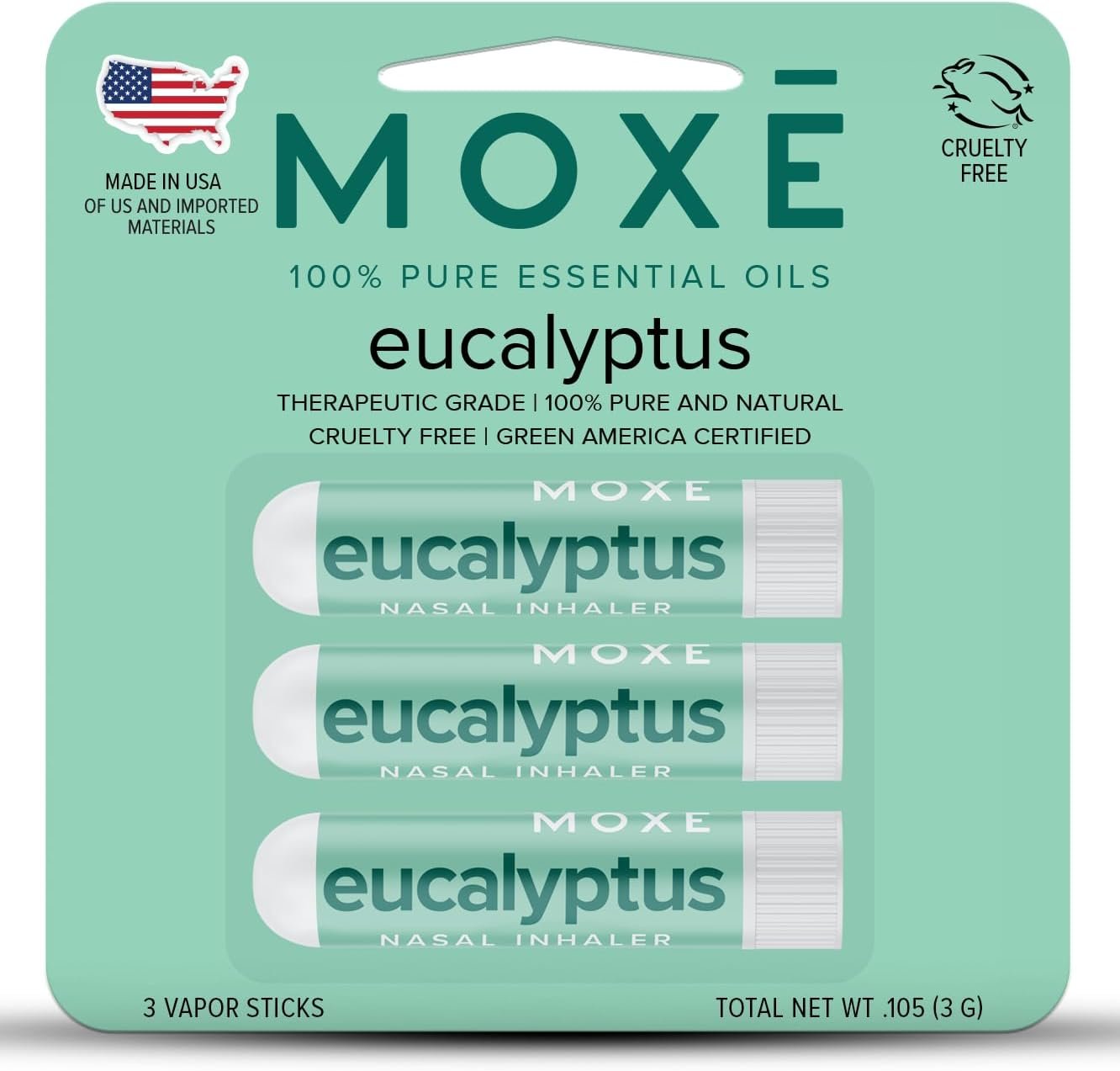 MOXĒ Eucalyptus Essential Oil Nasal Inhaler, Sinus & Congestion Relief, Daily Relaxation, Stress Relief, Therapeutic No-Mess Aromatherapy, Pure and Natural, Made in USA (3 Pack) packaging may vary