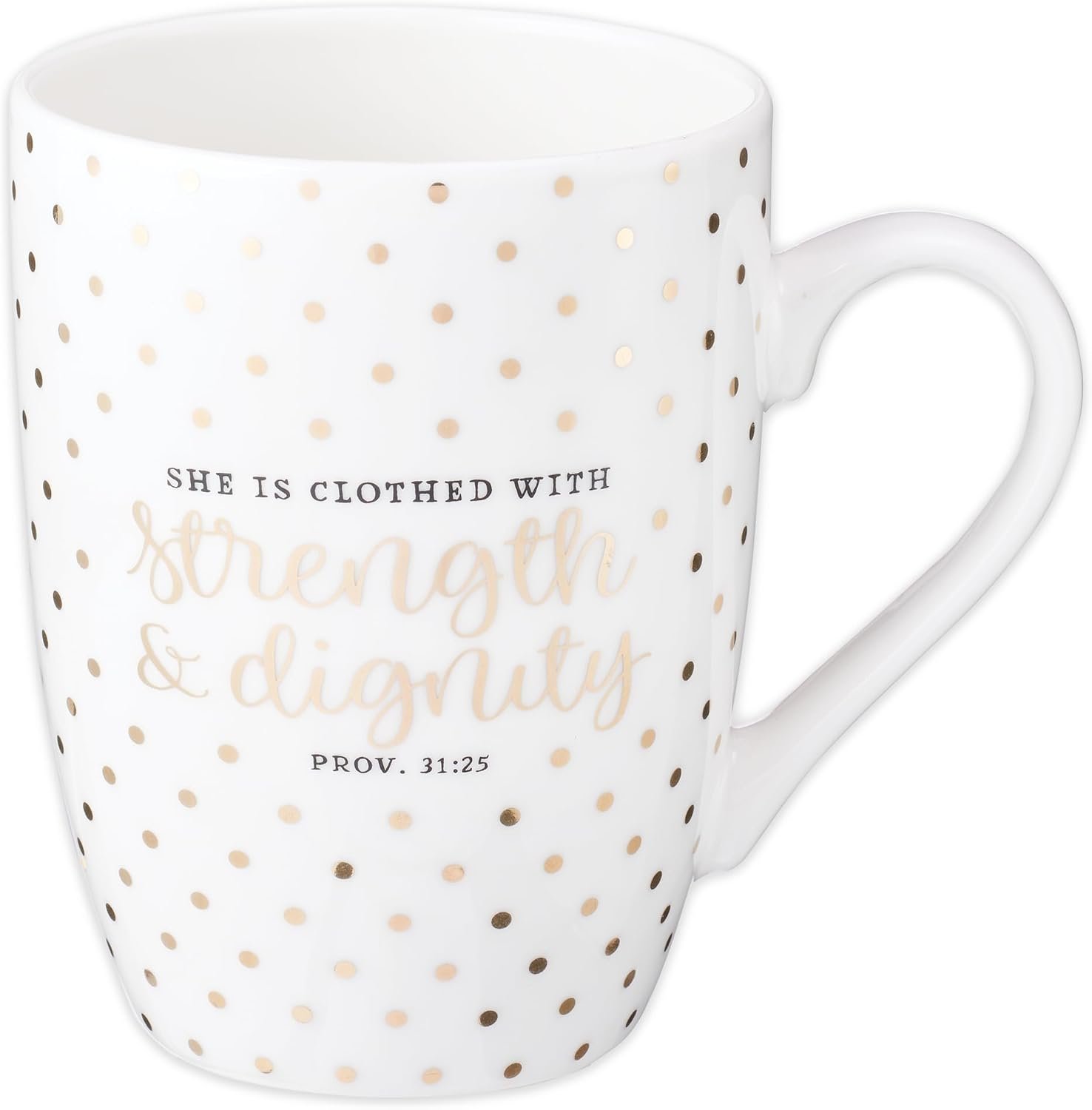 Christian Art Gifts Inspirational Novelty Ceramic Coffee & Tea Scripture Mug for Women: Strength & Dignity Encouraging Bible Verse Proverb, Gold Polka Dots, Lead & Cadmium-free Non-toxic Cup, 12 oz.