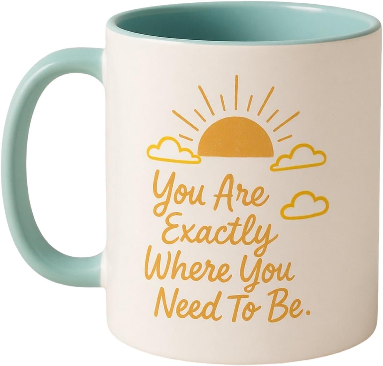 You Are Exactly Where You Need To Be Motivational Ceramic Coffee Mug – 11oz Inspirational Cup with Teal Handle & Inner – Positive Quote Mug for Women, Friends, Office, Self-Care Gift