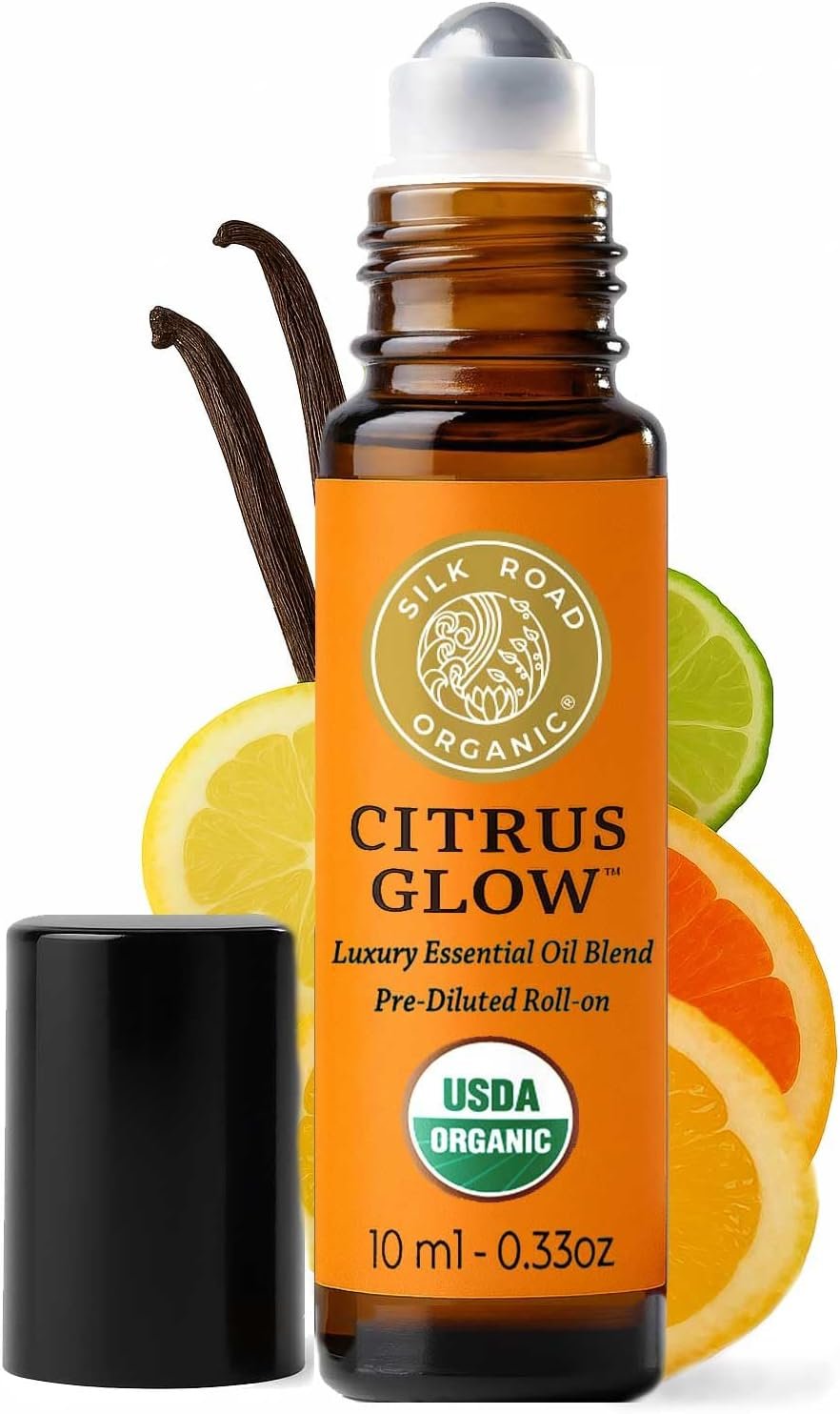 Silk Road Organic Citrus Glow Essential Oil Revive Blend Roll On for Stress, Energy & Focus | USDA Certified Citrus & Vanilla, 10 ml Roller