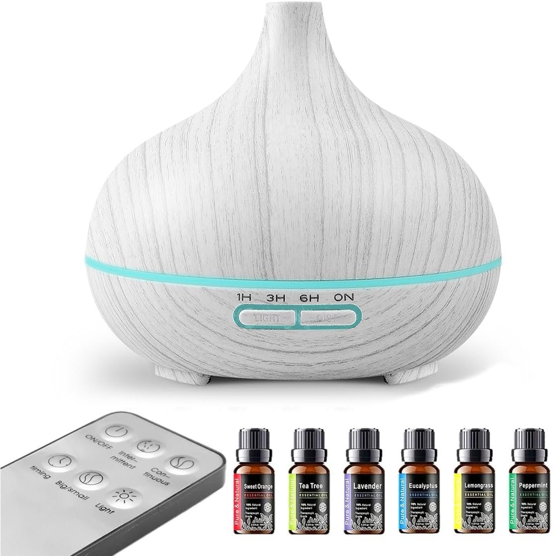 550ml Large Capacity Essential Oil Diffuser with 6 Aromatherapy Oils,Humidifier for Home Decor,Diffuser with Remote Control,7 Color LED Light for Yoga Gym Office Decoration (White Wood Grain)
