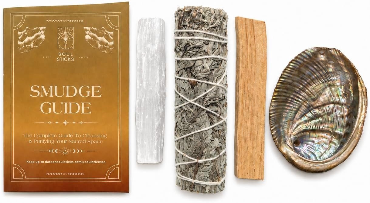 SOUL STICKS Beginners Mini Smudge Kit Includes White Sage 3-4 Abalone Shell Selenite Wand and Palo Santo with Smudging Guide (Blue Sage)
