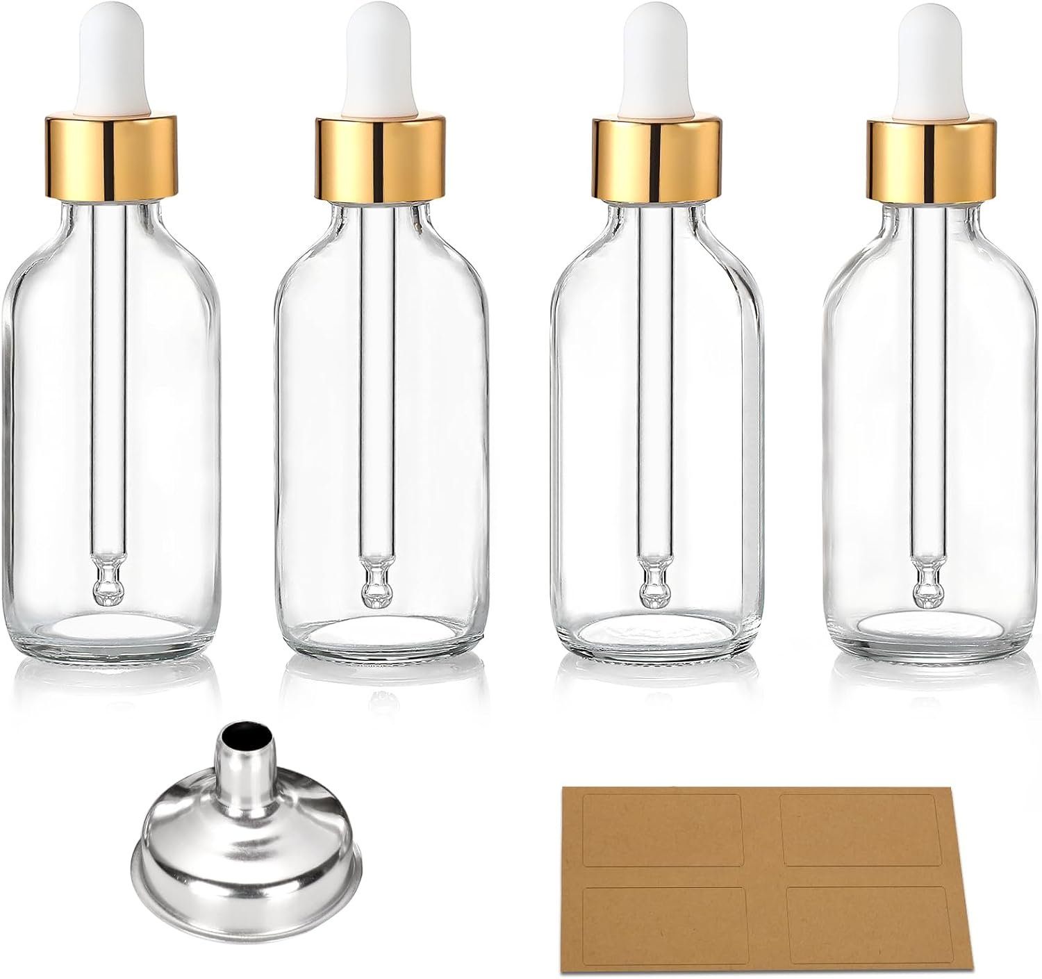 AOZITA Set of 4, 2 oz Golden Cap Clear Dropper Bottles (60ml) with 1 Funnel & 4 Labels – Glass Tincture Bottles for Essential Oils with Eye Droppers – Leak Proof Travel Bottles for Liquids