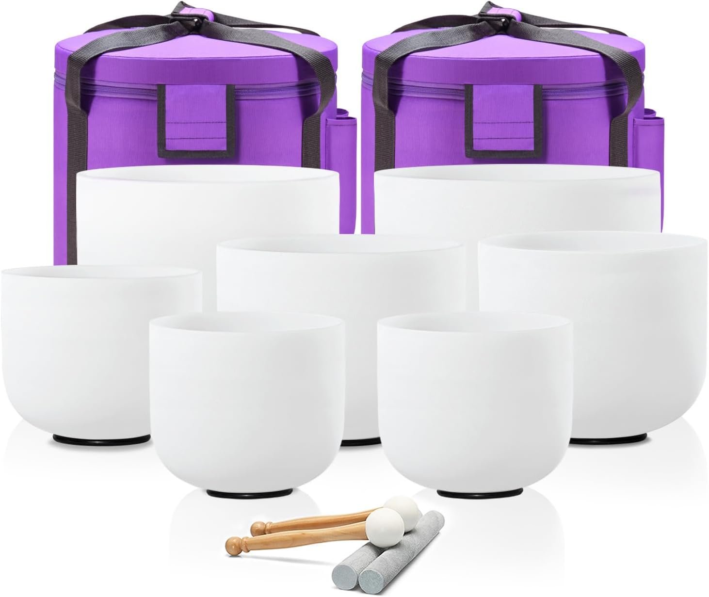 CVNC Crystal Singing bowl Set of 7 for Sound Healing White | 7″-12″ Inch Frosted Chakra Quartz, Sound Healing Meditation,Mindfulness,Relaxation, Includes 2 Case Bags and Rubber Mallets
