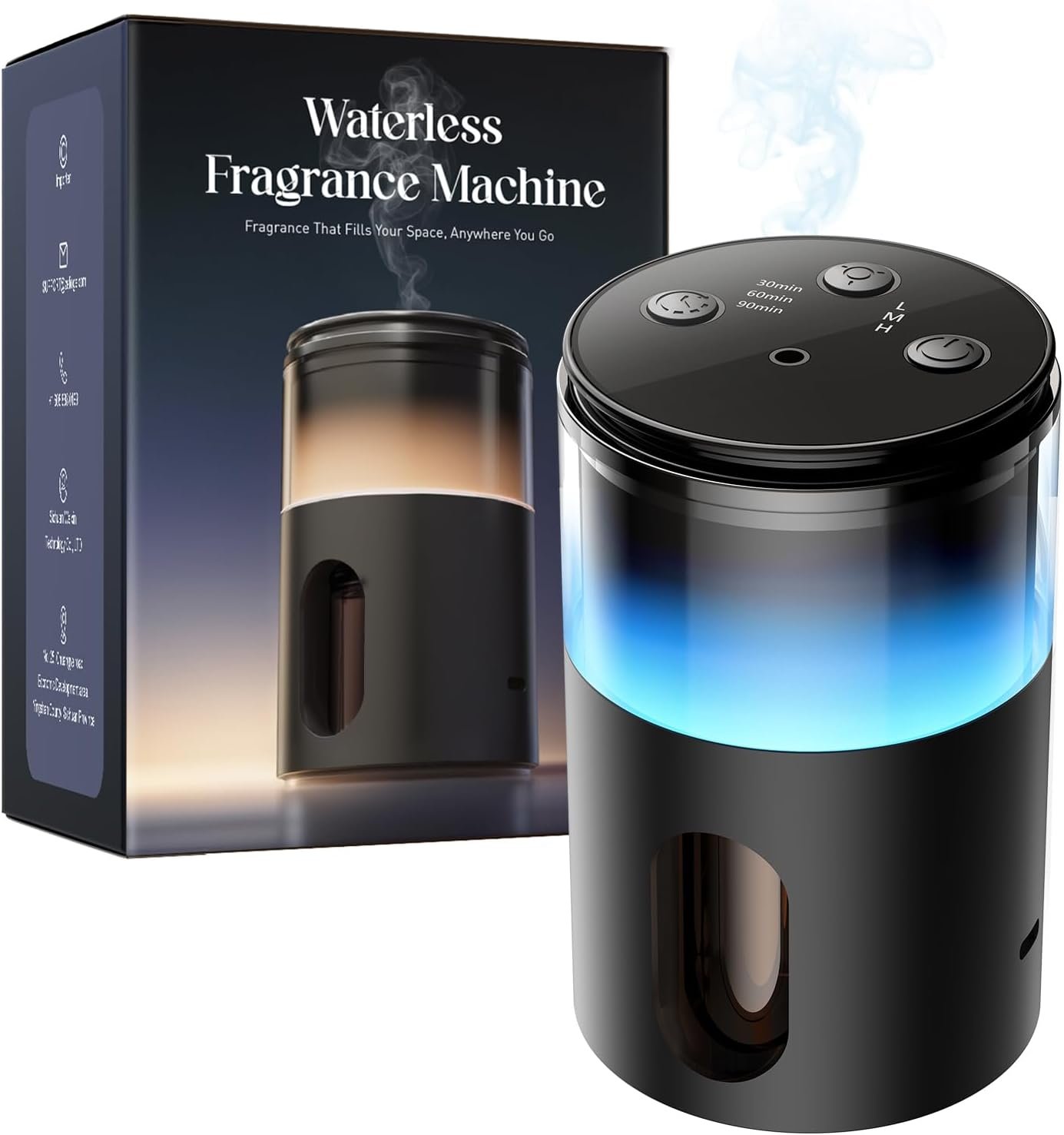 Waterless Essential Oil Diffuser: 𝟗 𝐂𝐨𝐥𝐨𝐫𝐬 𝐋𝐄𝐃 Scent Diffuser for Home&Car&Office – Portable Diffuser with 48H Battery, 4 Timers & 3 Mist Levels, Carbon Black