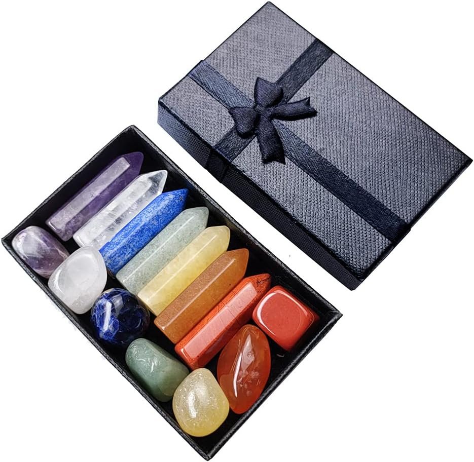 Chakra Crystal Stones Healing Kit, Healing Crystal Wands Crystals Points Reiki, 7 Chakra Set Tumbled Stones Reiki Chakra Meditation Therapy