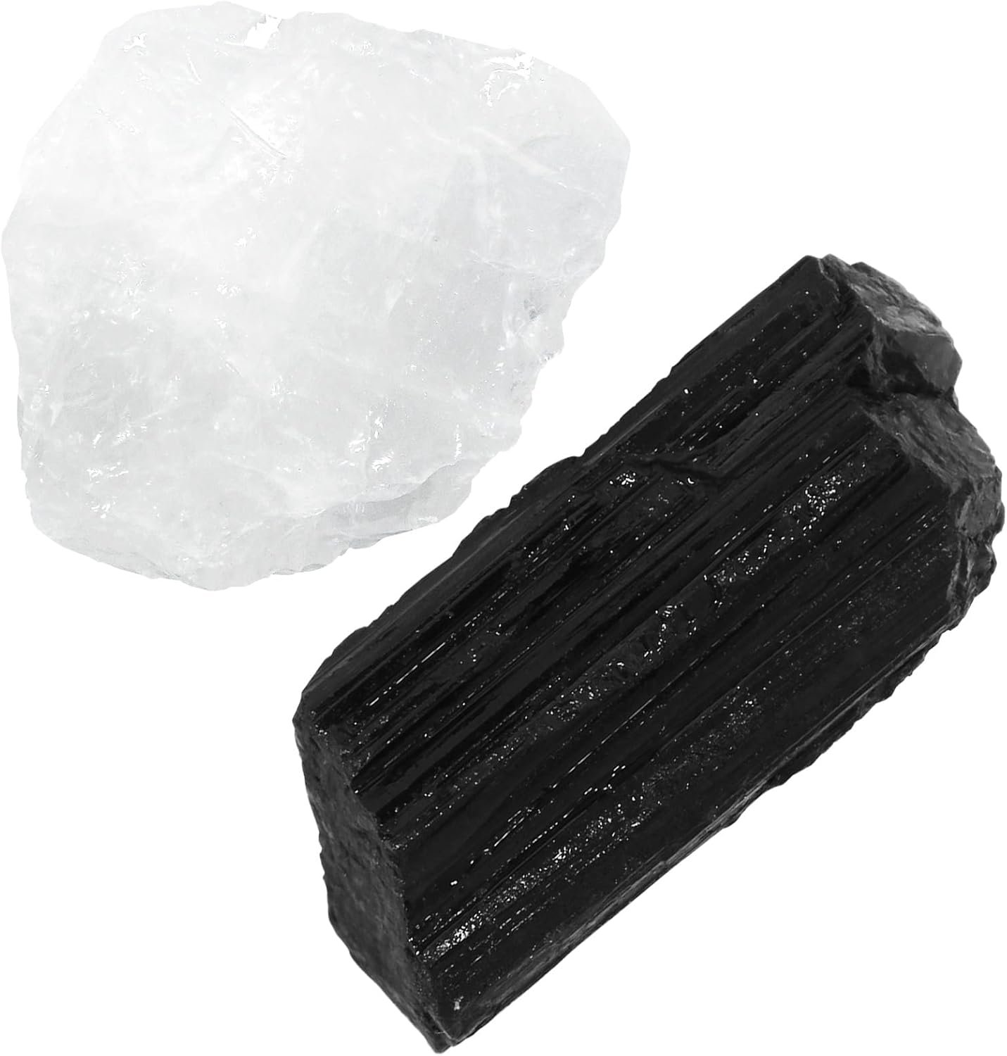 Raw Black Tourmaline Rough Crystal with Clear Quartz, Natural Black Tourmaline Crystal and Healing Stones for Tumbling, Decoration, Polishing, Wire Wrapping, Wicca & Reiki 2PCS