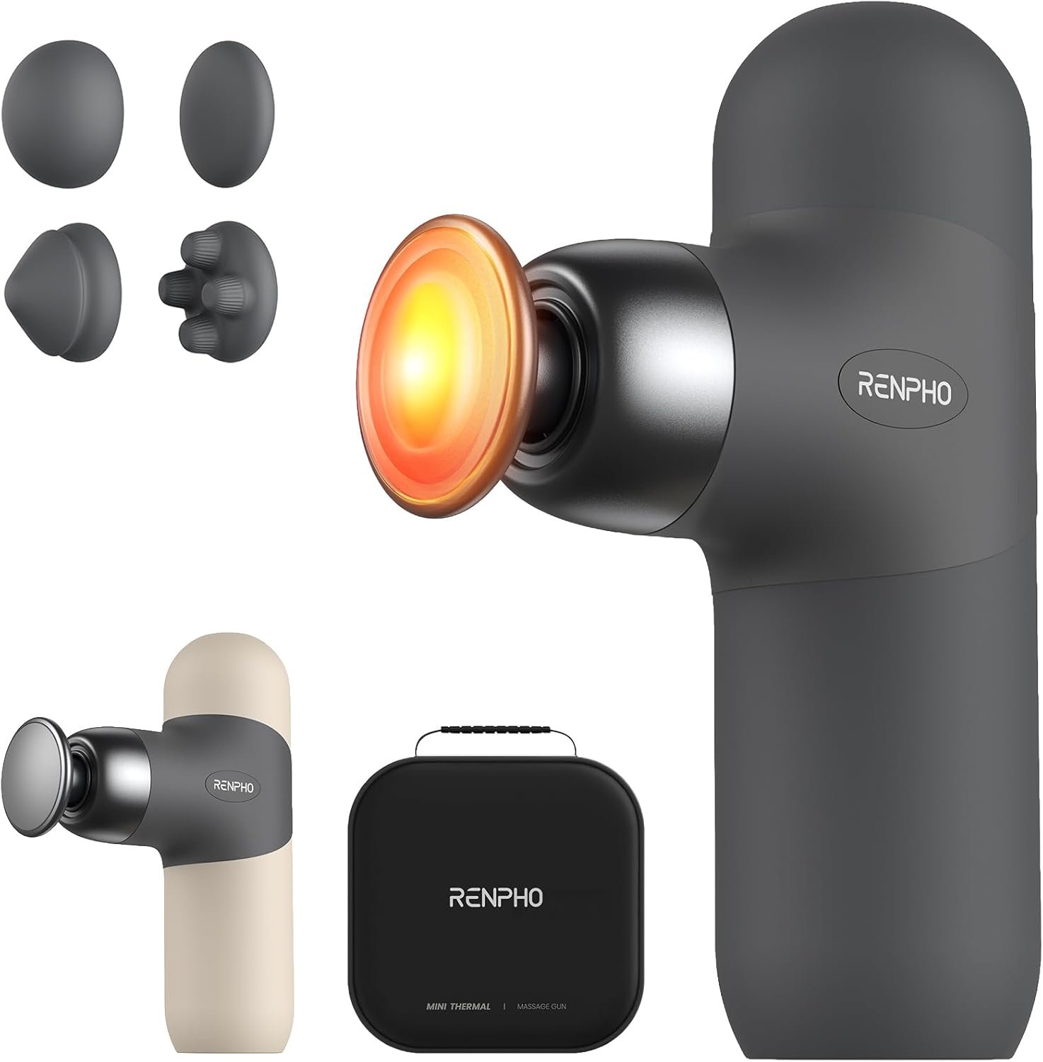 RENPHO Mini Thermal Massage Gun with Heat, Portable Deep Tissue Percussion Massager with 4 Heads for Neck & Back Comfort, Ultra-Quiet for Home, Office & Travel, Carry Case, Gifts for Men Women