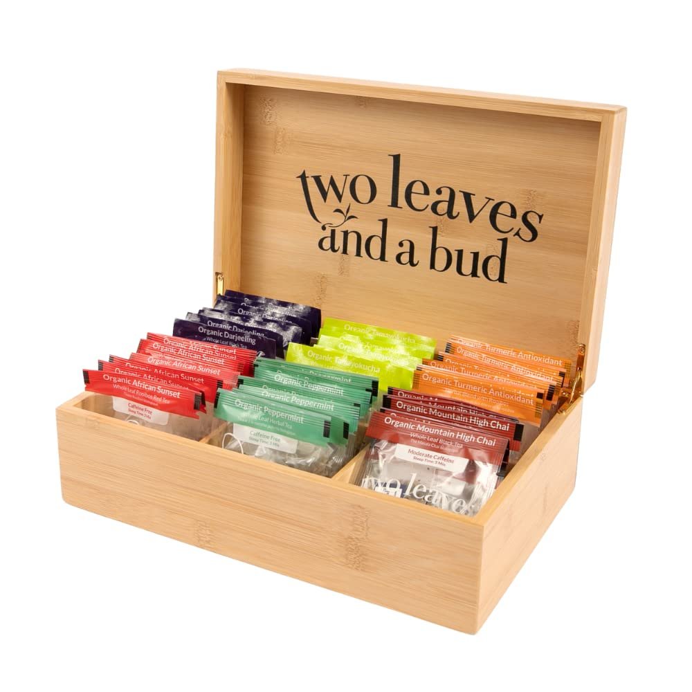 Two Leaves and a Bud Organic Tea Sampler in 6-Slot Bamboo Presentation Box – Filled Gift Box with Tea Assortment of Green, Black, and Herbal Teas