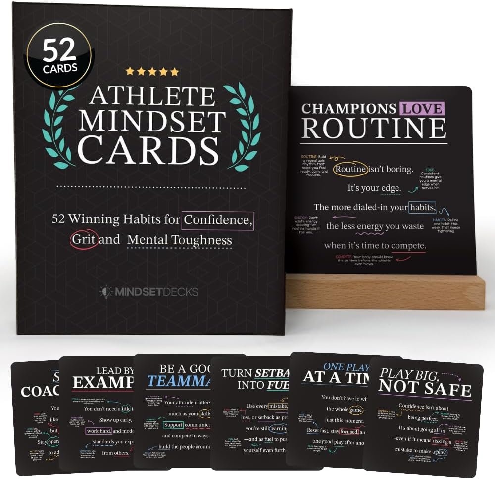 Athlete Mindset & Motivation Cards – 52 Winning Habits for Confidence, Grit & Mental Toughness – For Athletes, Coaches & Parents – Includes Wooden Display Stand – Gift for Athletes & Coaches