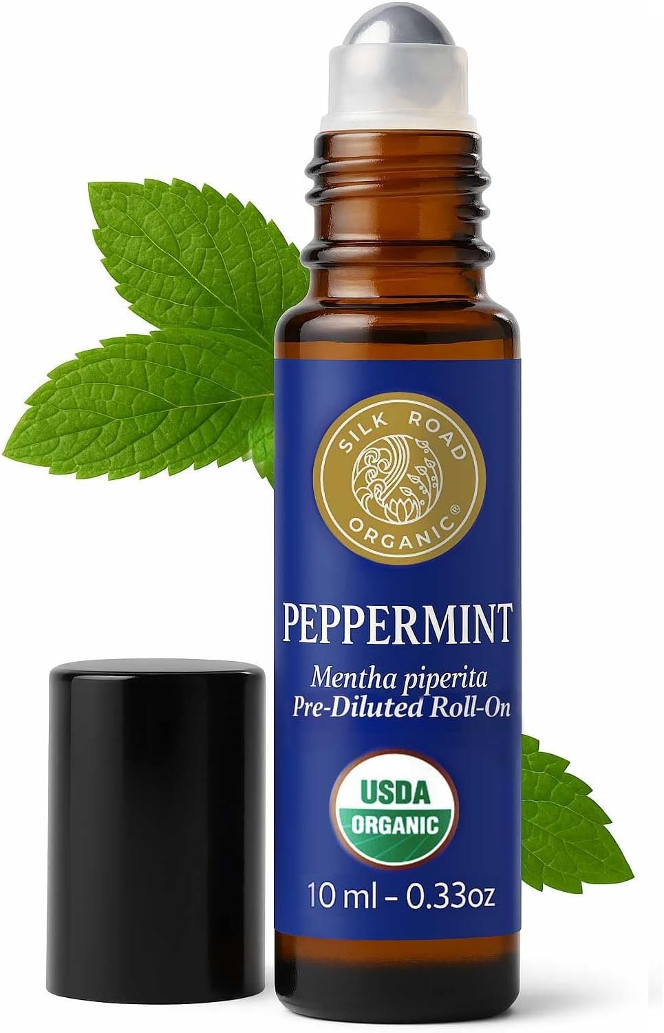 Silk Road Organic Peppermint Essential Oil Roll on for Head Tension, Nausea, Morning Sickness, Energy & Focus – 10ml USDA Certified Aromatherapy Roller – Always Pure, Always Organic