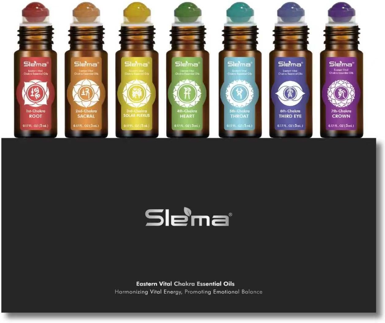 Slema 7 Chakra Essential Oil Roller Gift Set | 7x5ml with Natural Crystal & Jade Rollerballs, Plant-Based Blends for Meditation, Yoga (5mlx7)