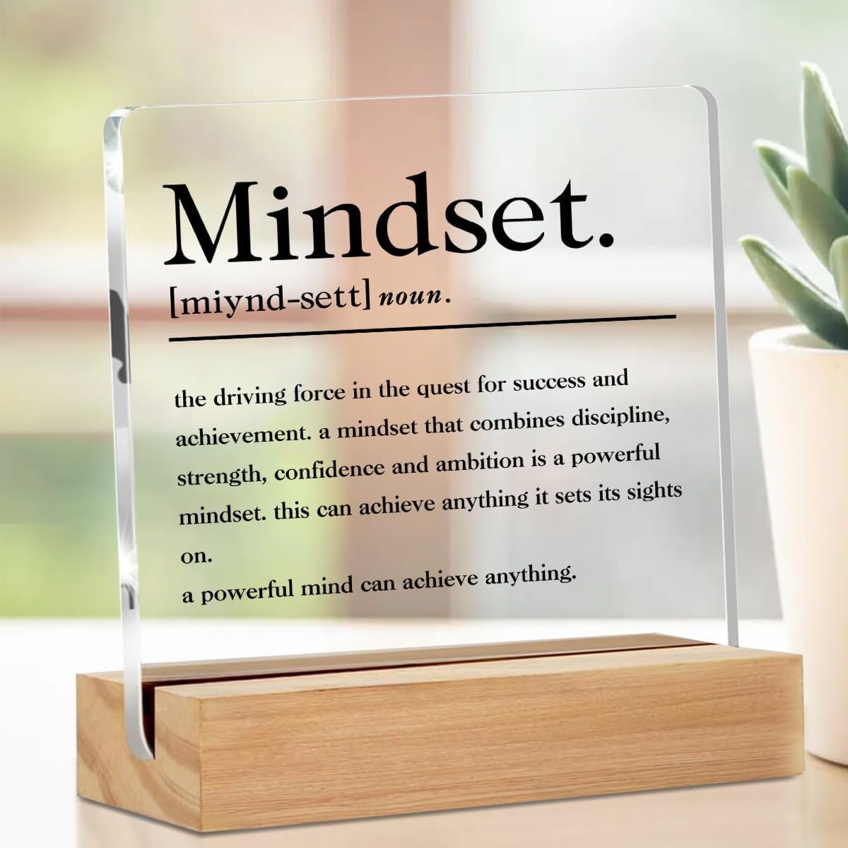 Inspirational Mindset Noun Acrylic Sign, Motivational Clear Desk Decorative Sign with Stand, Gifts for Women Men Entrepreneur Coworker, Self Improvement Positive Affirmations Desk Office Home Decor