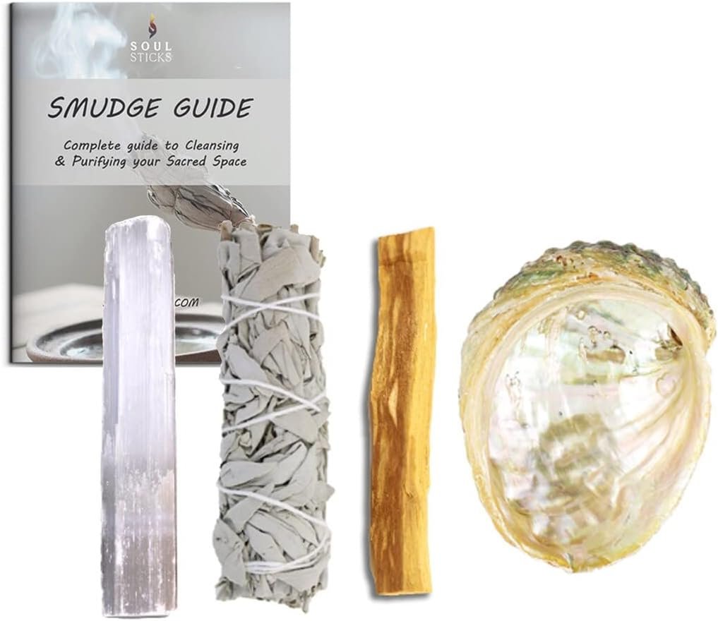SOUL STICKS Beginners Mini Smudge Kit Includes White Sage 3-4 Abalone Shell Selenite Wand and Palo Santo with Smudging Guide