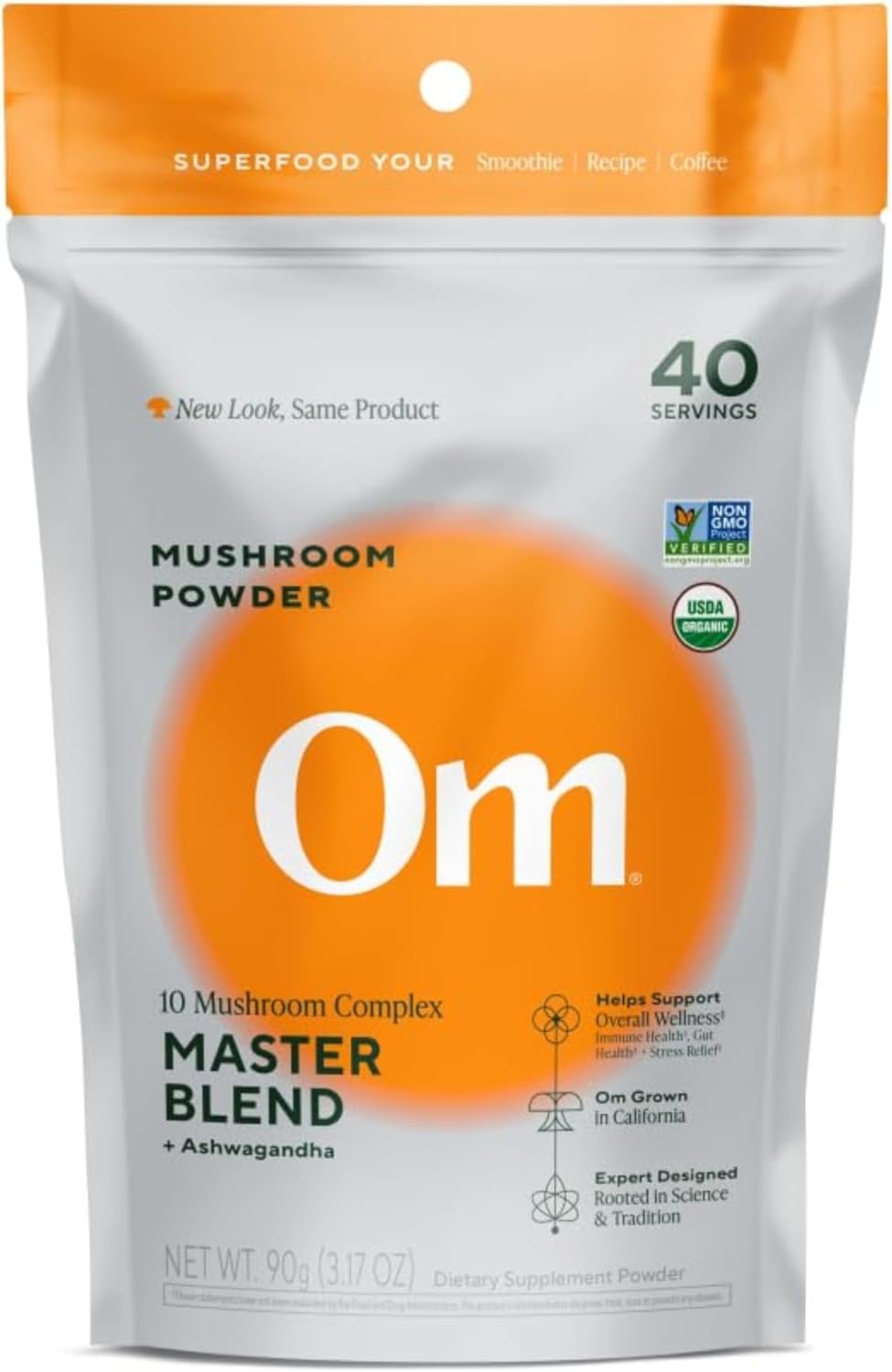 Om Master Blend Mushroom Powder – Organic Mushroom Supplement with 10 Mushrooms and Ashwagandha – Support Immunity, Gut Health & Stress Relief, 3.17 oz (40 Servings)