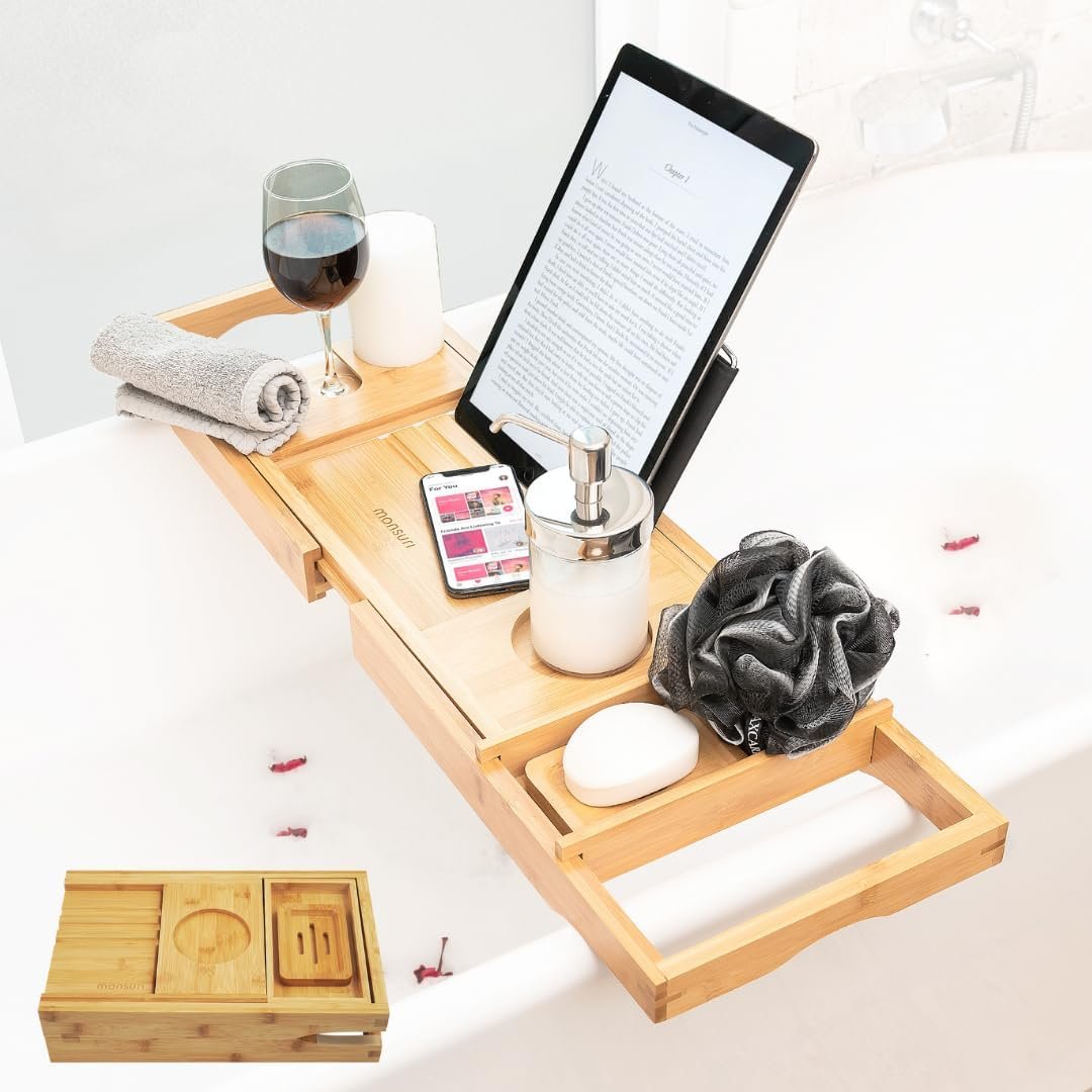 Foldable Bathtub Tray Caddy – Expandable Bath Tray for Tub | Secure, Non-Slip Bathtub Caddy for Tub for Bath Accessories, Self Care Home Spa Gift Set, Relaxing Gifts for Women, New Moms, House Warming