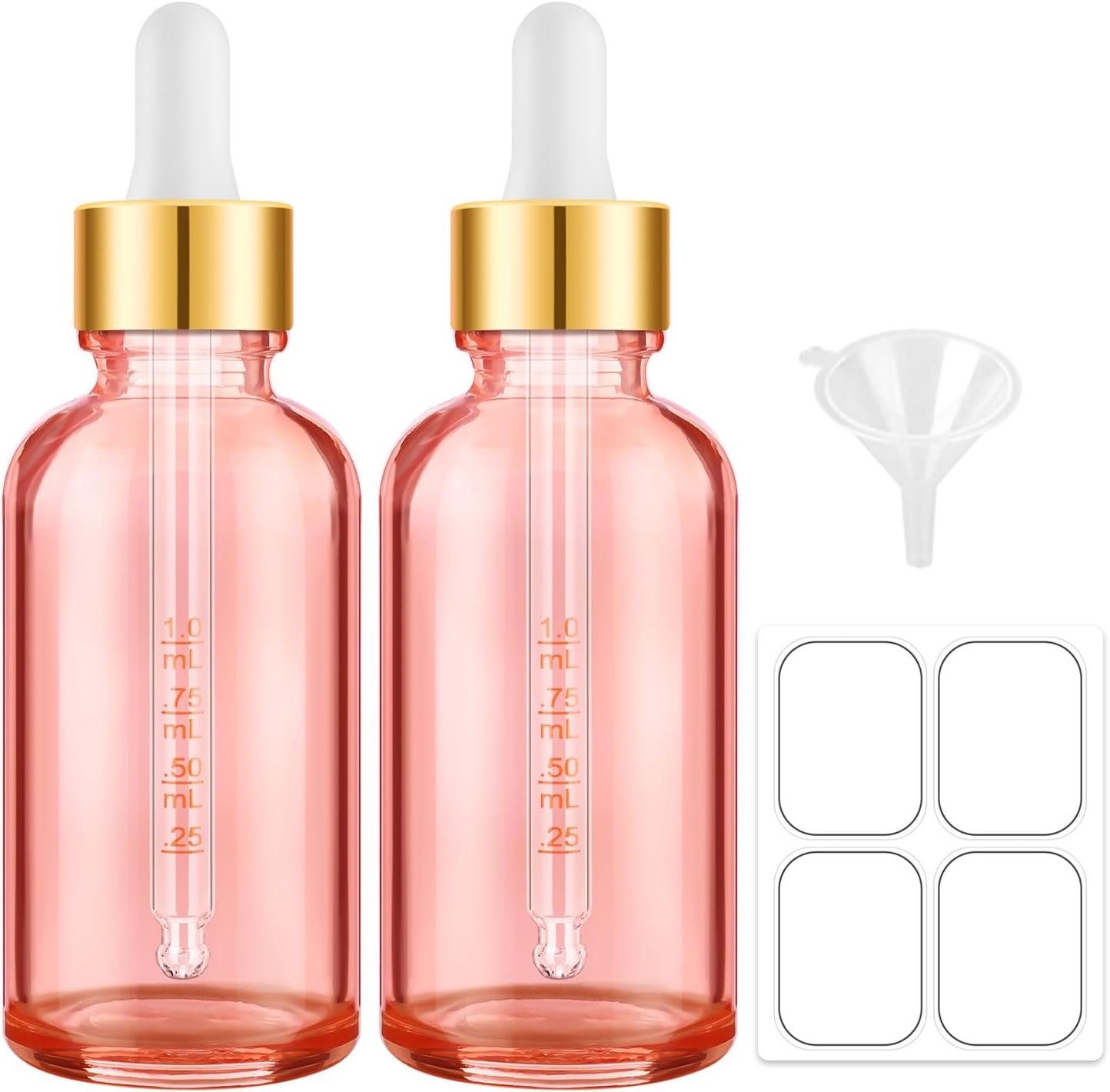 Bumobum 2 oz Glass Dropper Bottles, 2 pack Pink Lab dispensing Bottles for Essential Oils with Funnel, Labels & Pipette, Eye Tincture Bottle with Measured Dropper