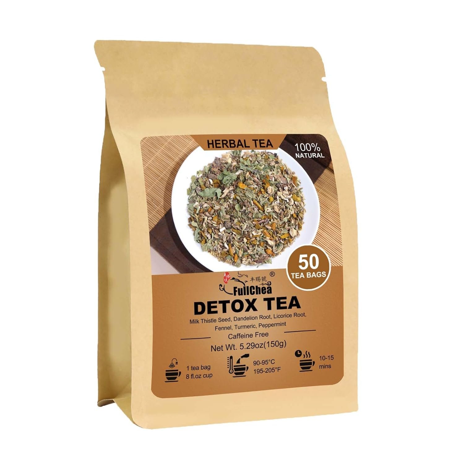 FullChea – Detox Tea Bags, 50 Teabags Liver Detox Tea, With Milk Thistle Seed, Dandelion Root, Licorice Root, Fennel, Turmeric, Peppermint – Liver Cleansing and Support
