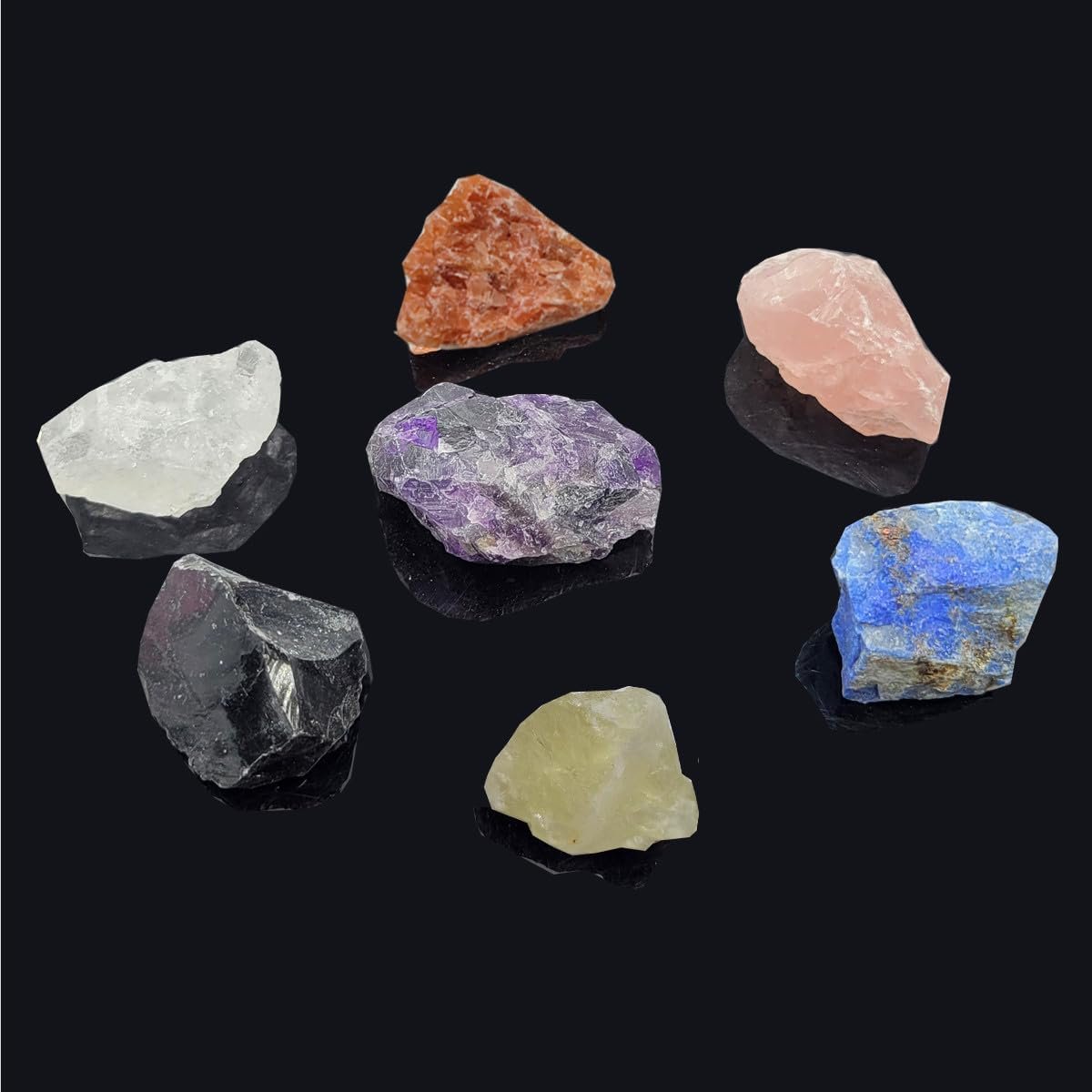7Pcs Energy Crystals for Beginners Raw Crystals Set of Clear Quartz,Lapis Lazuli,Sunstone,Amazonite,Black Obsidian,Amethyst,Citrine,Rose Quartz (Crystals for Beginners)