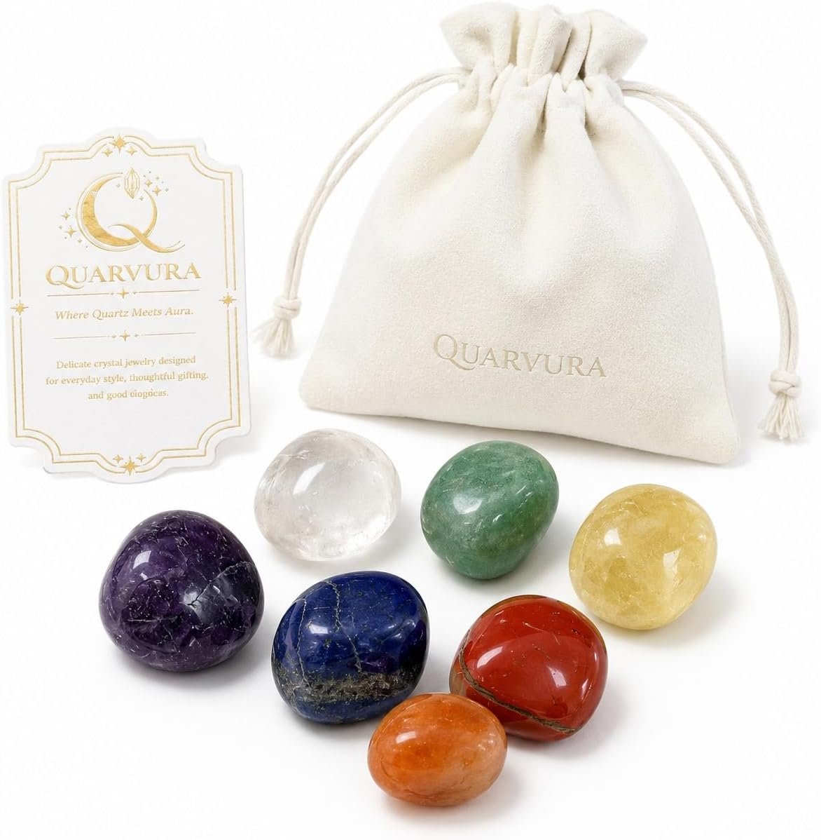 7 Chakra Healing Crystals Tumbled Stones Travel Set with Velvet Pouch, Natural Reiki Gemstones for Meditation, Yoga, Energy Balancing, Pocket Stones Gift for Women Men