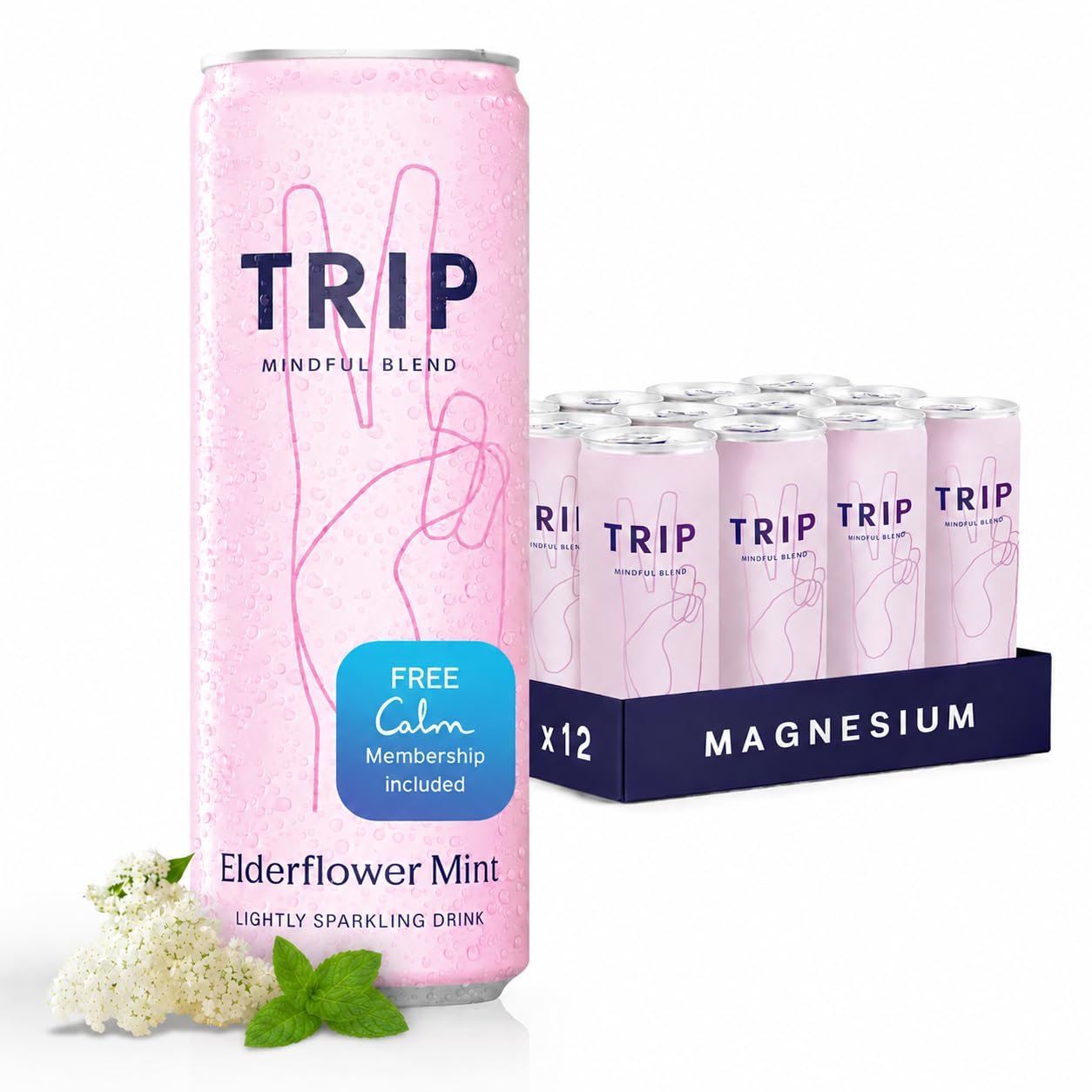 TRIP Lightly Sparkling Adaptogen Drink, Non Alcoholic Drink with Magnesium, Ashwagandha, Lions Mane & L Theanine, No Added Sugar Mocktail, Vegan, Elderflower Mint, 12 Oz, 12Pk