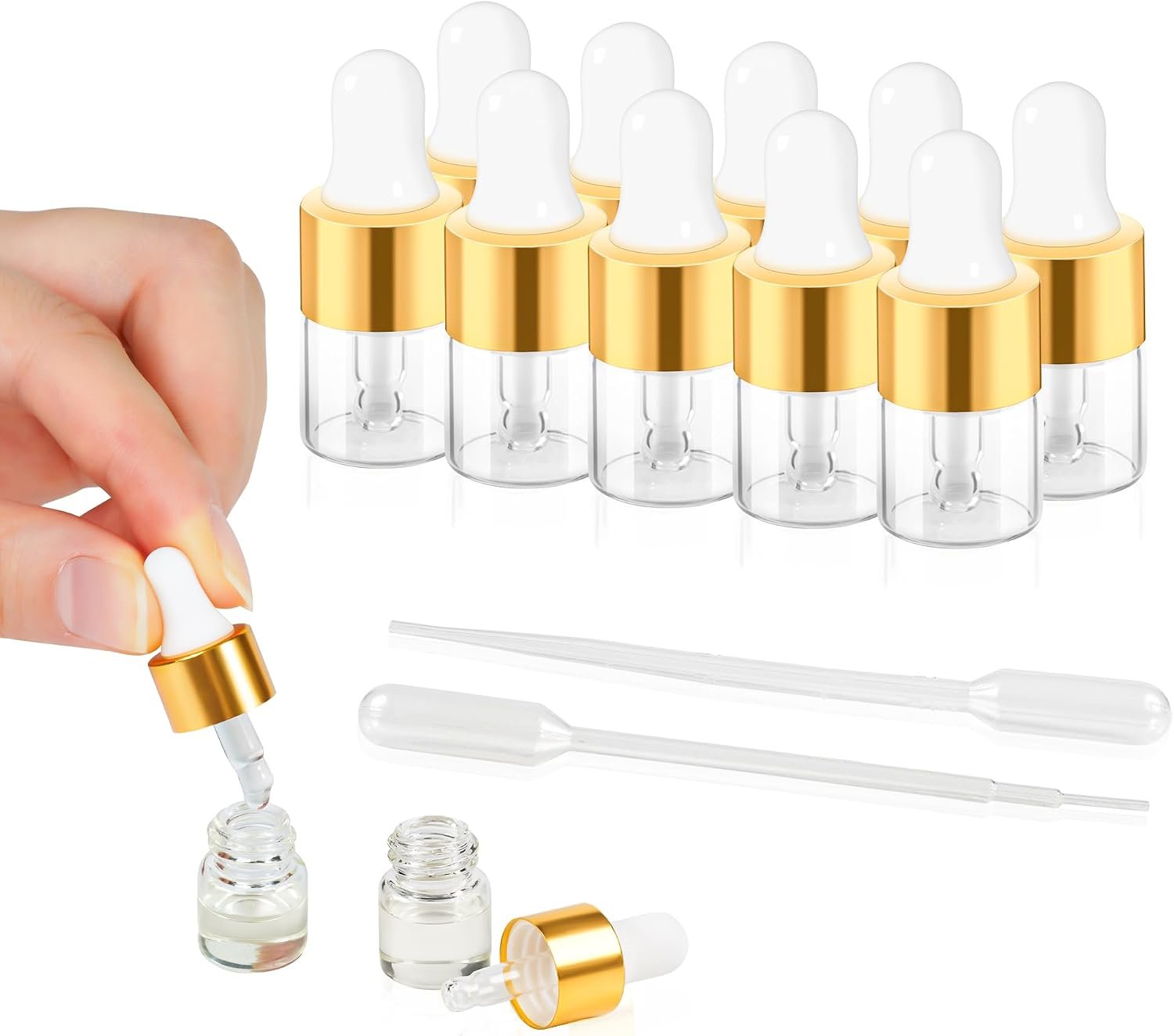 1ml Mini Glass Dropper Bottle for Essential Oil, 10pcs | Small Clear travel Sample Dropper Vails with Gold Cap,Perfume Cosmetic Liquid Containers for Traveling
