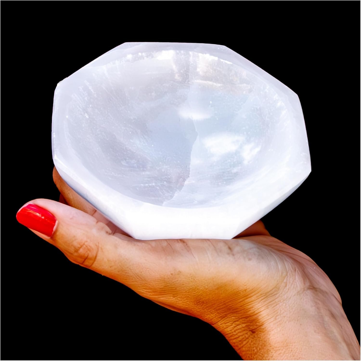 Om Zone Large Selenite Bowl Polished Selenite Crystal Charging Station for Cleansing and Charging Crystals Collection of Crystals and Healing Stones 4″ Octagon