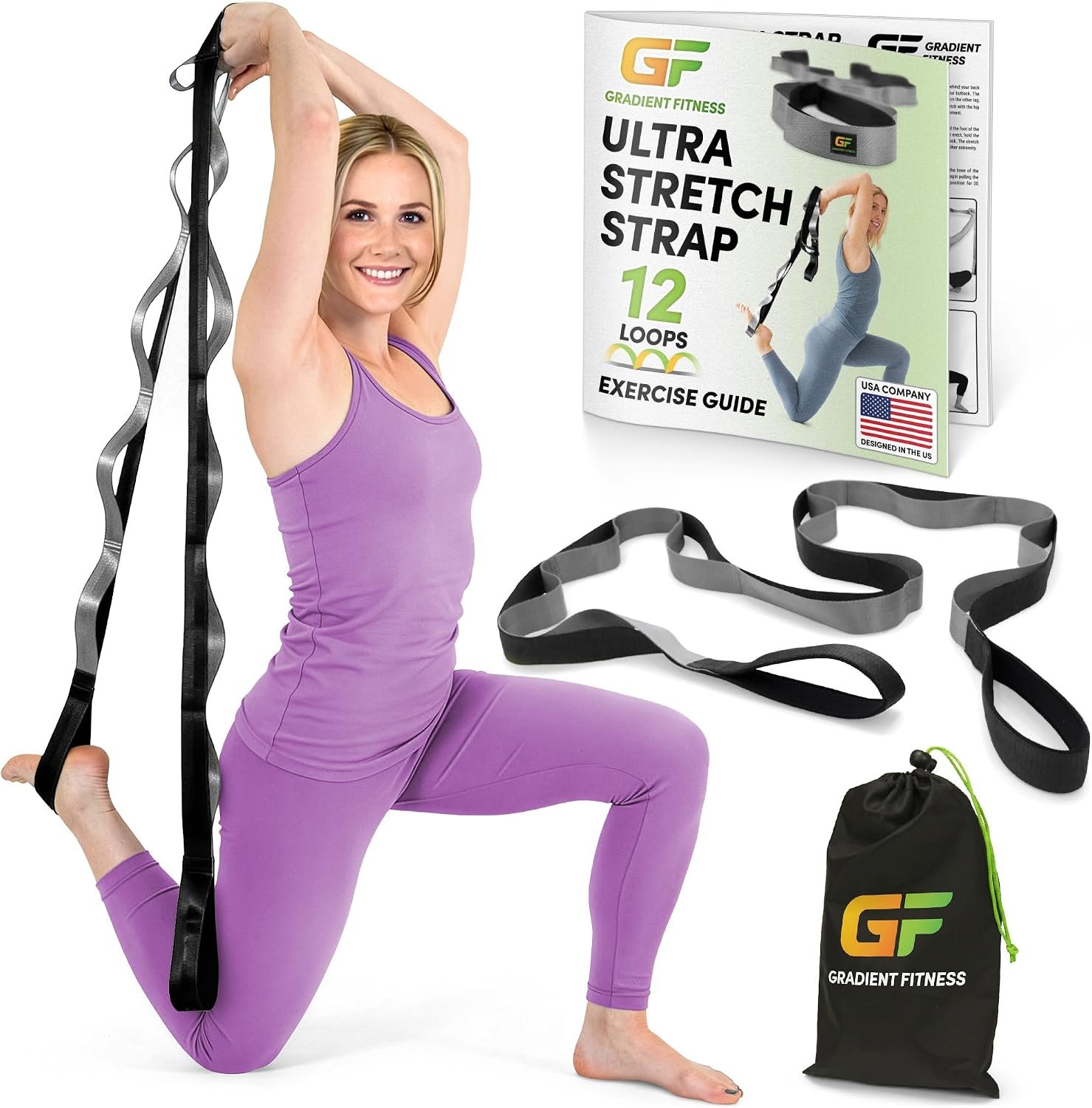 Gradient Fitness Stretching Strap for Physical Therapy, 12 Multi-Loop Stretch Strap 1.5″ W x 8′ L, Neoprene Handles, Physical Therapy Equipment, Yoga Straps for Stretching, Leg Stretcher.