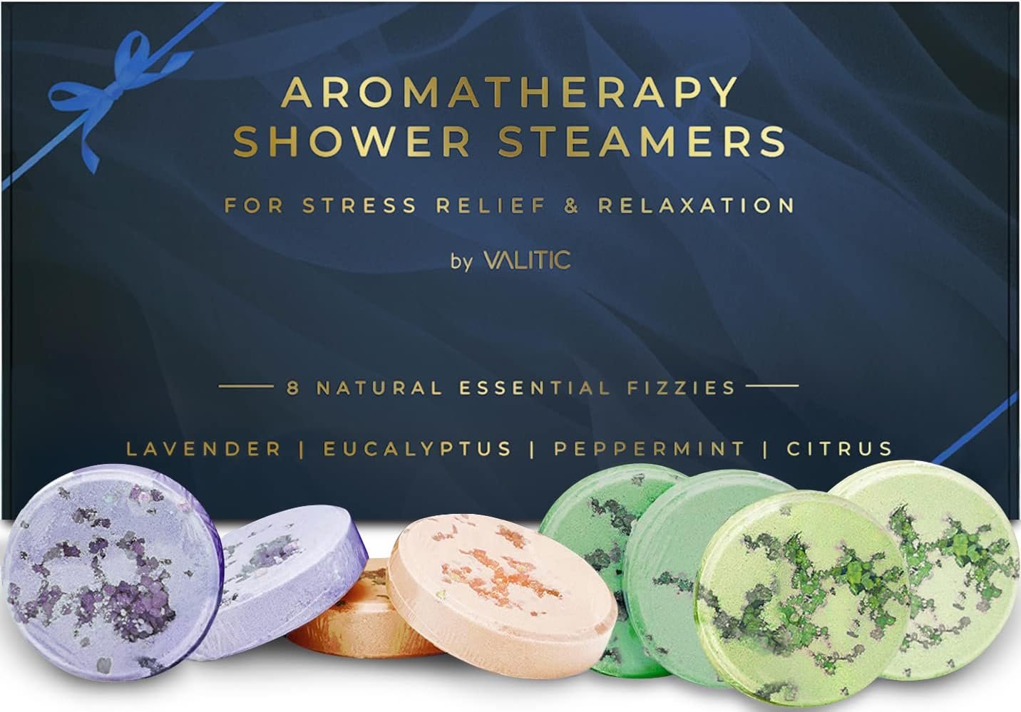 Valitic Aromatherapy Shower Steamers for Stress Relief and Relaxation – Gifts for Women Mom Birthday 8 Natural Essential Fizzies Shower Bombs – 4 Scents – Lavender, Eucalyptus, Citrus, and Peppermint