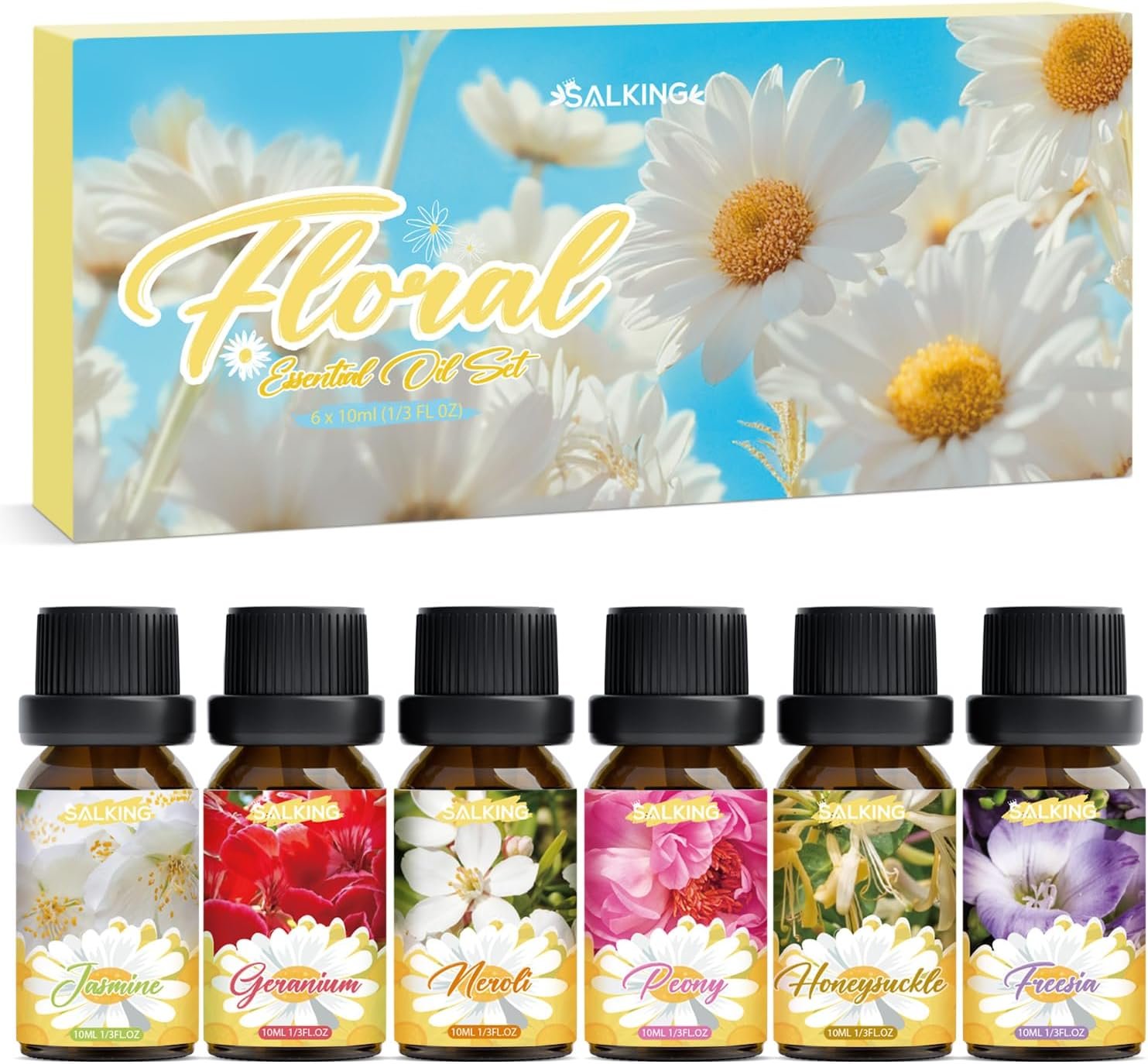 SALKING Essential Oils Gift Set, 100% Pure Fragrance Oil Aromatherapy Essential Oils Set,Premium Scented Oils for Oil Diffusers 6 x 10 ML – Jasmine, Neroli, Honeysuckle, Peony, Geranium, Freesia