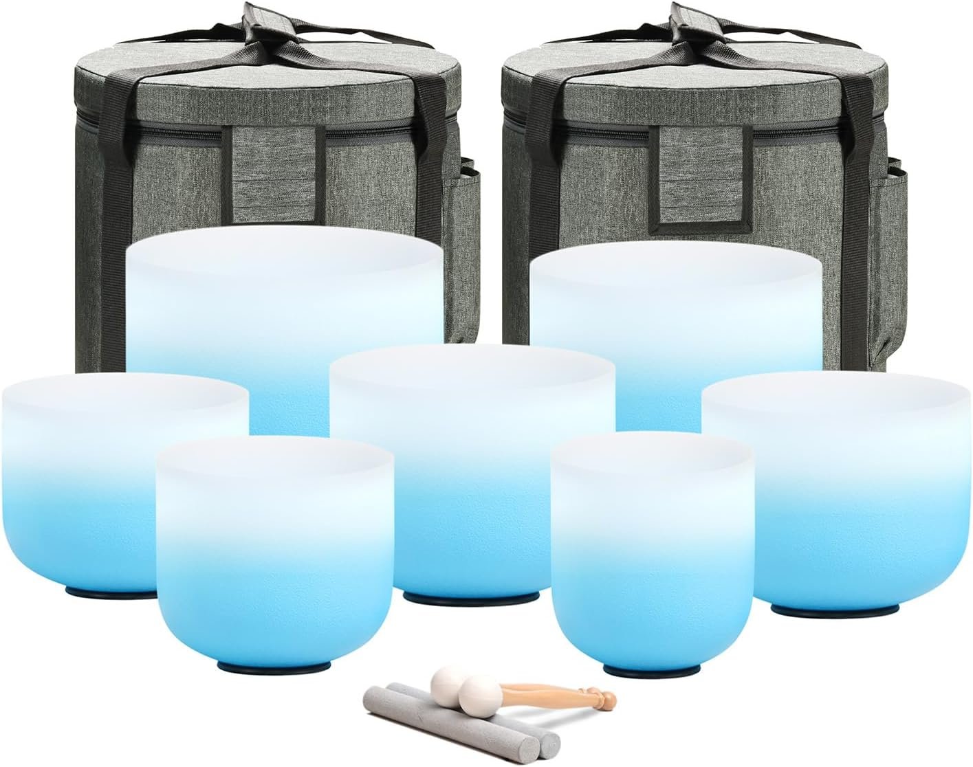 CVNC 432HZ 6-12 Set of 7 Azure Blue Color Crystal Singing Bowls | Aria Gradient Design Frosted Quartz Chakra with Carry Case Bags for Sound Healing Yoga and Meditation