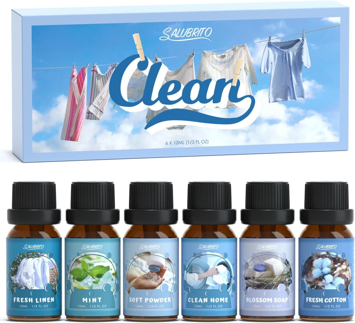 SALUBRITO Clean Diffuser Oils Set, Premium Essential Oils Set for Diffuser, Candle, Soap Making, Fresh Cotton, Clean Home, Fresh Linen, Soft Powder, Blossom Soap, Mint, Fragrance Oil
