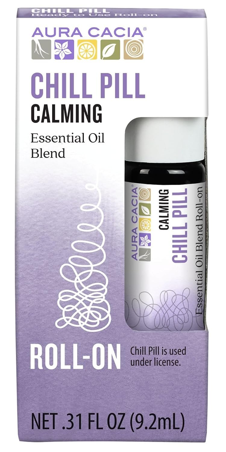 Aura Cacia Chill Pill Roll-On Essential Oil Blend, Sweet Orange, Lavender, Peppermint, Basil, Patchouli, Roman Chamomile in Apricot Kernel Oil | 0.31 Fl Oz (Pack of 1)
