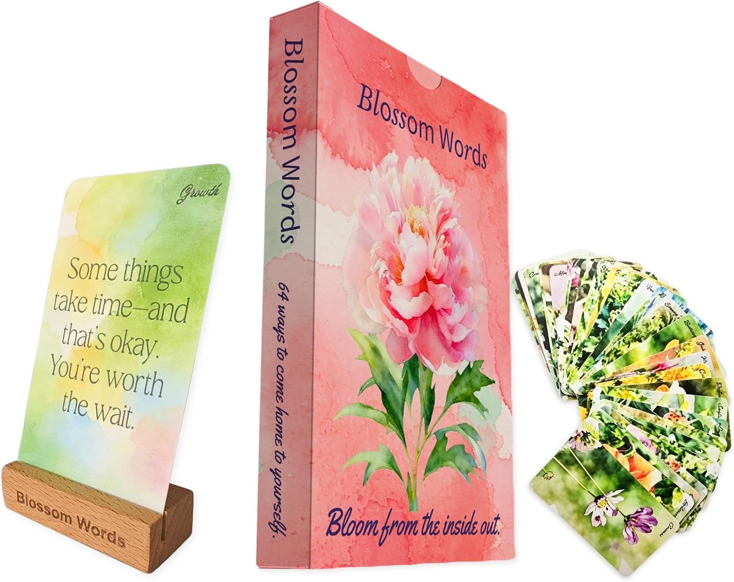 Botanical Affirmation Cards for Women – 64 Floral Self-Love & Healing Cards with Wooden Display Stand – Daily Mindfulness & Emotional Wellness Gift for Women, Best Friend, Sister