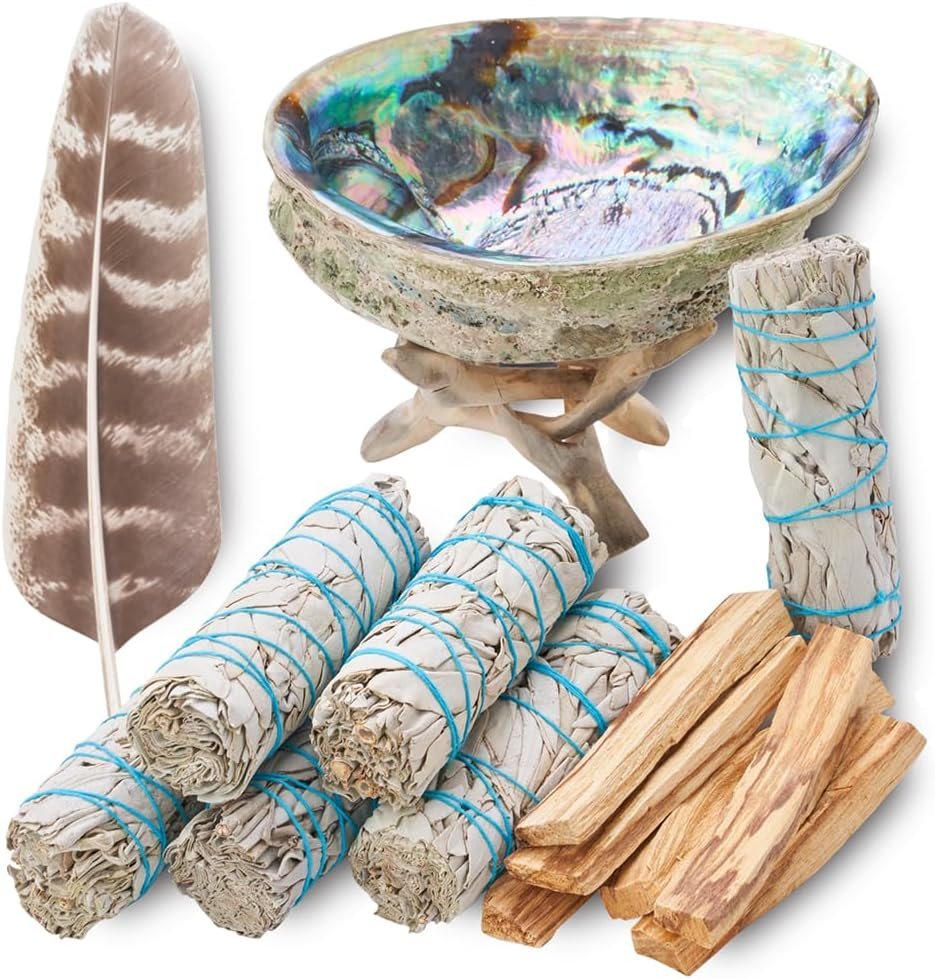 White Sage Smudge Kit with Palo Santo, Abalone Shell, Feather | 6 White Sage Bundles 4″, 6 Palo Santo Sticks 4″, Abalone Shell & Tripod Stand, Feather 7+ inch, Instructions Included