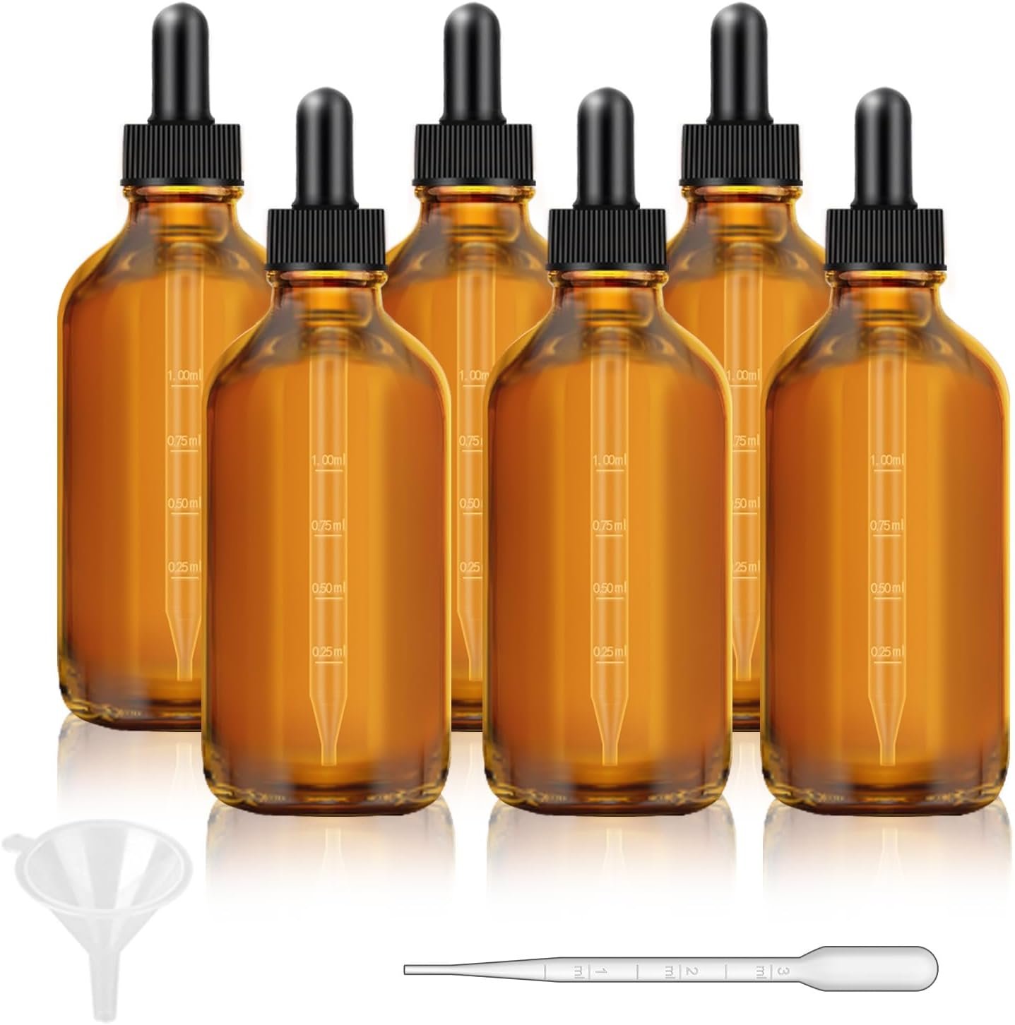 Bumobum 6 Pack, 4 oz Dark Amber Dropper Bottles with Measured Dropper, Glass Eye Dropper Bottle for Essential Oils with Funnel, Labels & Pipette, Droppers for Liquids (Unbreakable Plastic Eye Dropper)