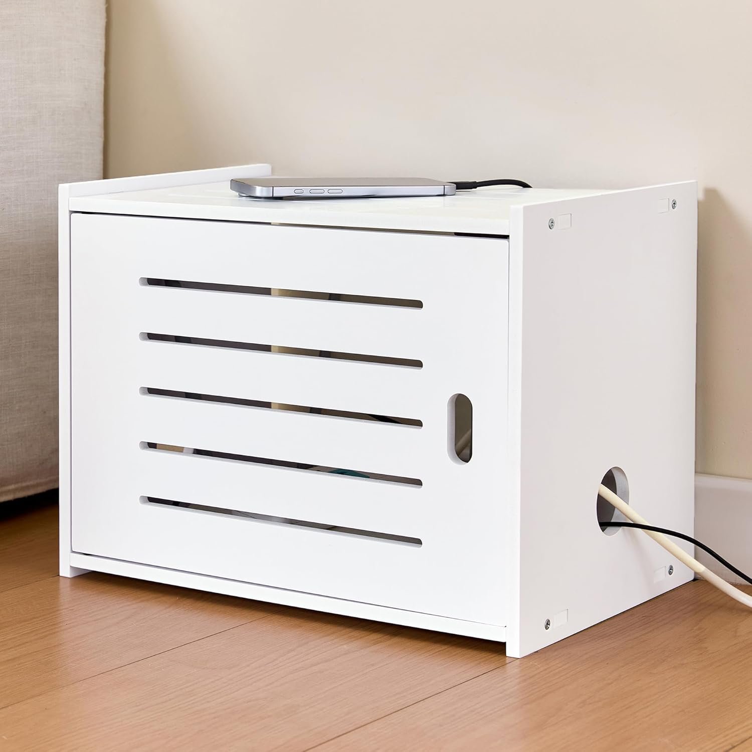 WiFi Router Storage Cabinet, Router Cabinet-Floor Standing Router Storage Box with Cable Management & Ventilation Holes Organizer for Home Office Hotel (White)