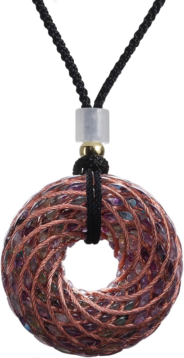 Tensor Rings Copper Pendant 1.6INCH Double Vortex Spiral Inlaid Crystal Orgonite Necklace,Chakra&Energy Balance,Meditation Accessories, Handmade Healing Crystals Stones (7 Chakra, Small)