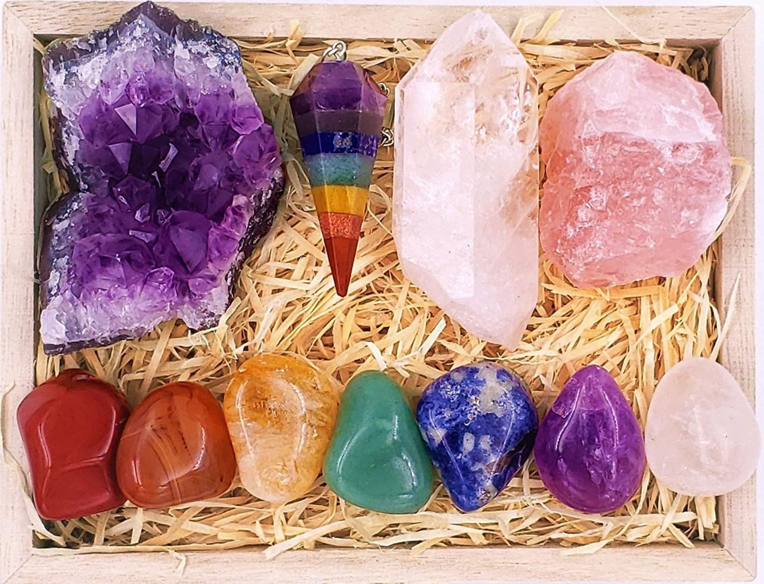 Crystals and Healing Stones Premium Kit Wooden Box – Chakra Stones Healing Crystals Set, Rose Quartz, Amethyst Cluster, Quartz Points, Chakra Pendulum (A Essential Chakra Collection)