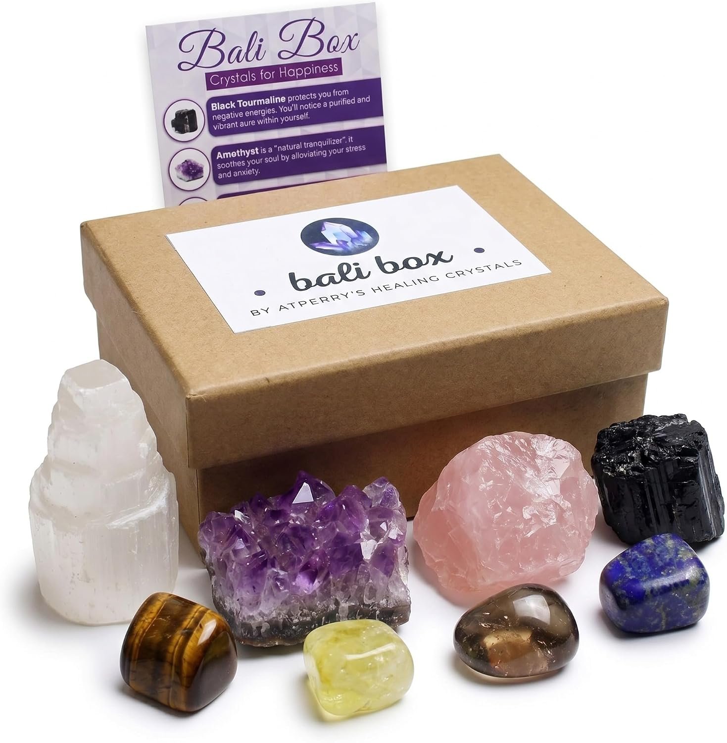 AtPerry’s Healing Crystals Set – 8 Real Chakra Crystals & Stones for Stress & Anxiety Relief, Gift Box + Crystal Meaning Card, Selenite Amethyst Rose Quartz Black Tourmaline – Gift for Women