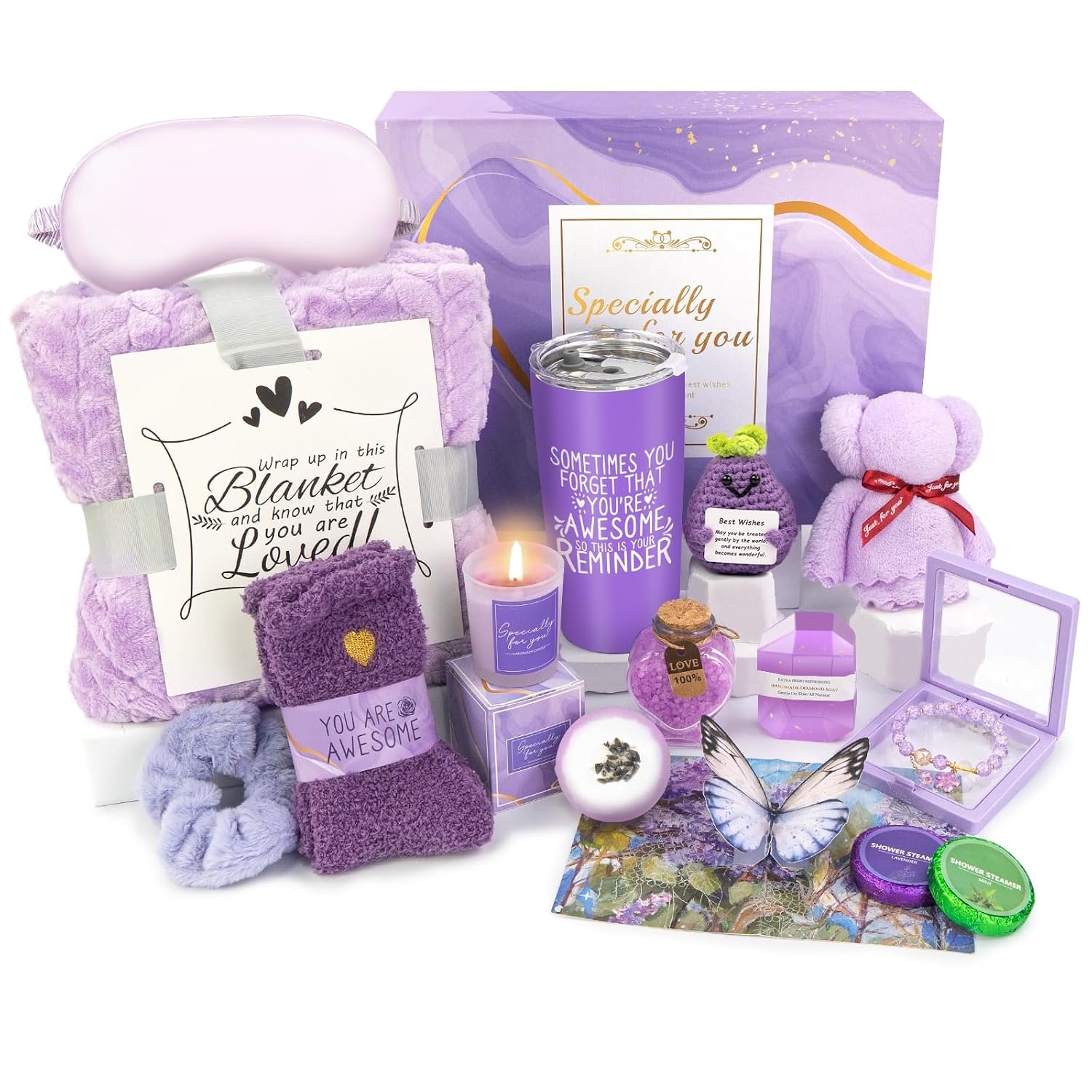 Spa Gifts for Women, Lavender 16 Pcs Mothers Day Gifts for Mom Wife Friend Daughter Sister, Self Care Gift Baskets for Women, Thank You, Get Well, Sympathy Inspirational Care Package Spa Basket