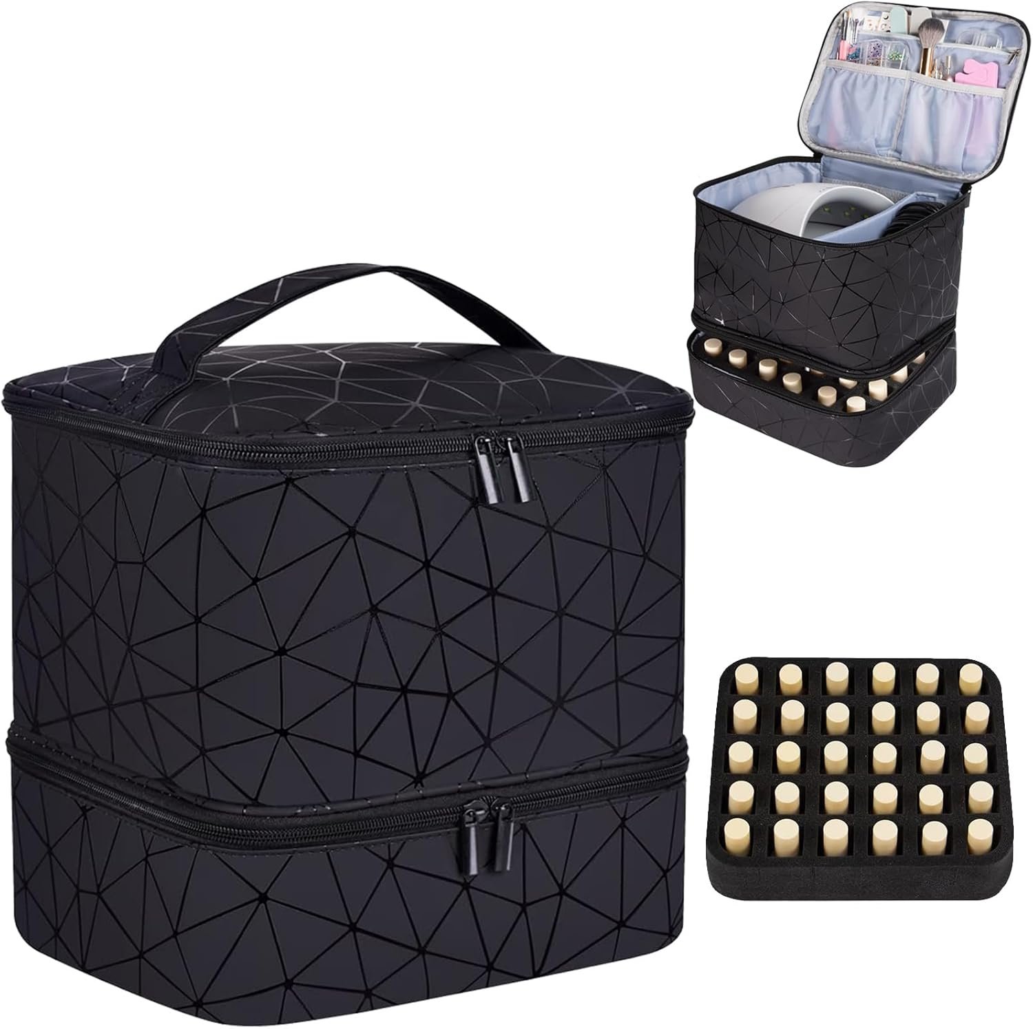 CTWWFS PU Leather Nail Polish Organizer and Nail Lamp Case, Nail Kit Organizer Holds 30+ Bottles (15ml – 0.5 fl.oz) and a Nail Lamp, Nail Polish Carrying Case with Manicure Tools Storage Sections