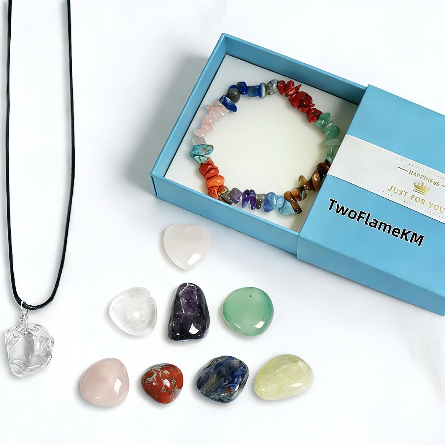 7 Chakra Healing Crystal Gift Set-Mindfulness Meditation Kit with Raw Stone Points,Reiki Energy Bracelet&White Quartz Necklace in Gift Box