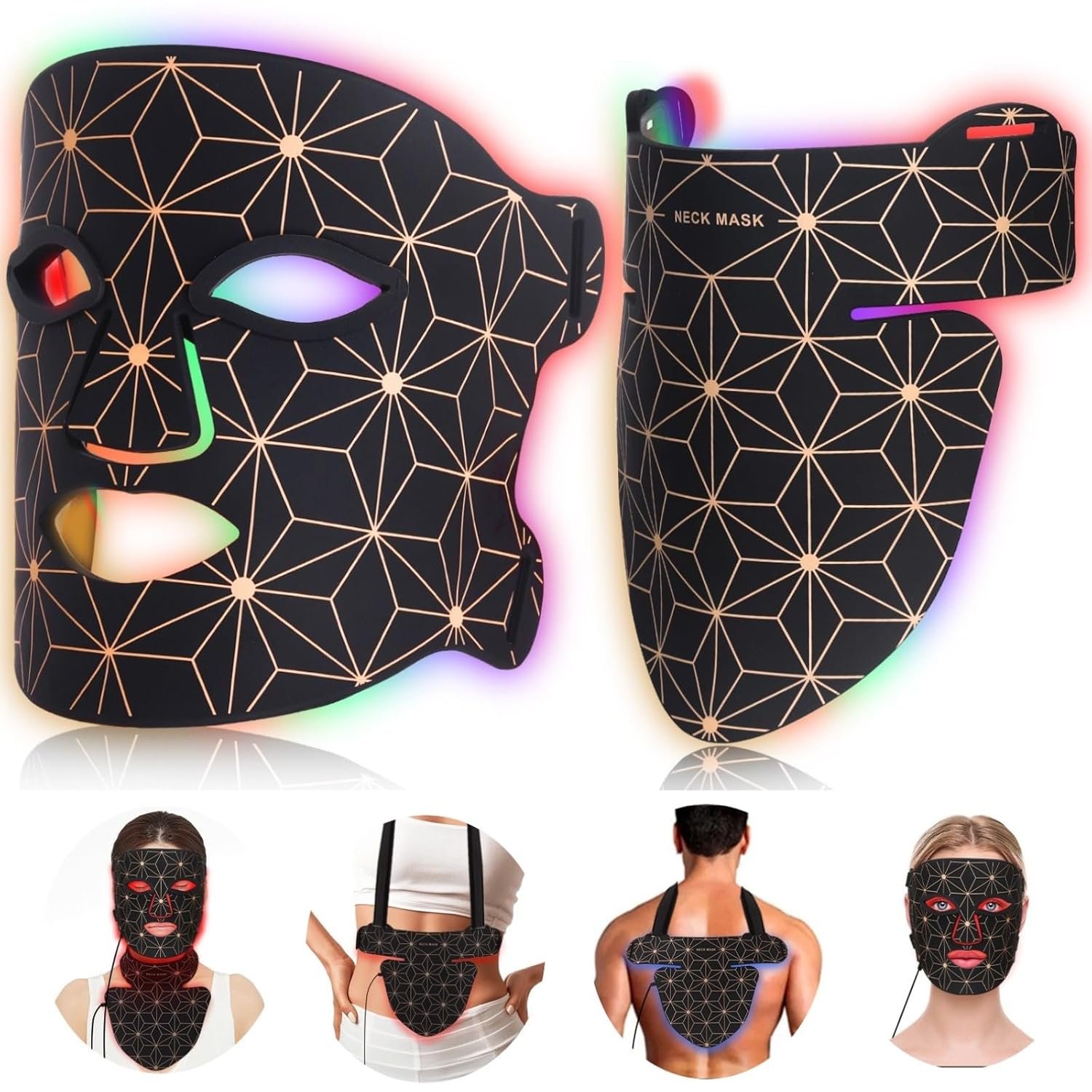 Red Light Therapy Mask for Face and Neck, 850nm NIR Anti Aging | 8 Color Light Modes, 3000mAh Rechargeable, 480 LED Beads, for Face Neck Chest Shoulder Back, 510(k) FCC CE RoHS Certified