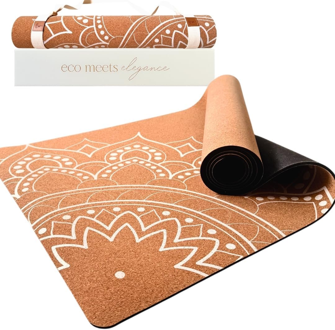 Designer Cork Yoga Mat – Signature Aesthetics on Quality Portuguese Cork with 5mm Solid Tree Rubber Base for Lasting Stability – Non Slip Grip, Odor Free and Non Toxic