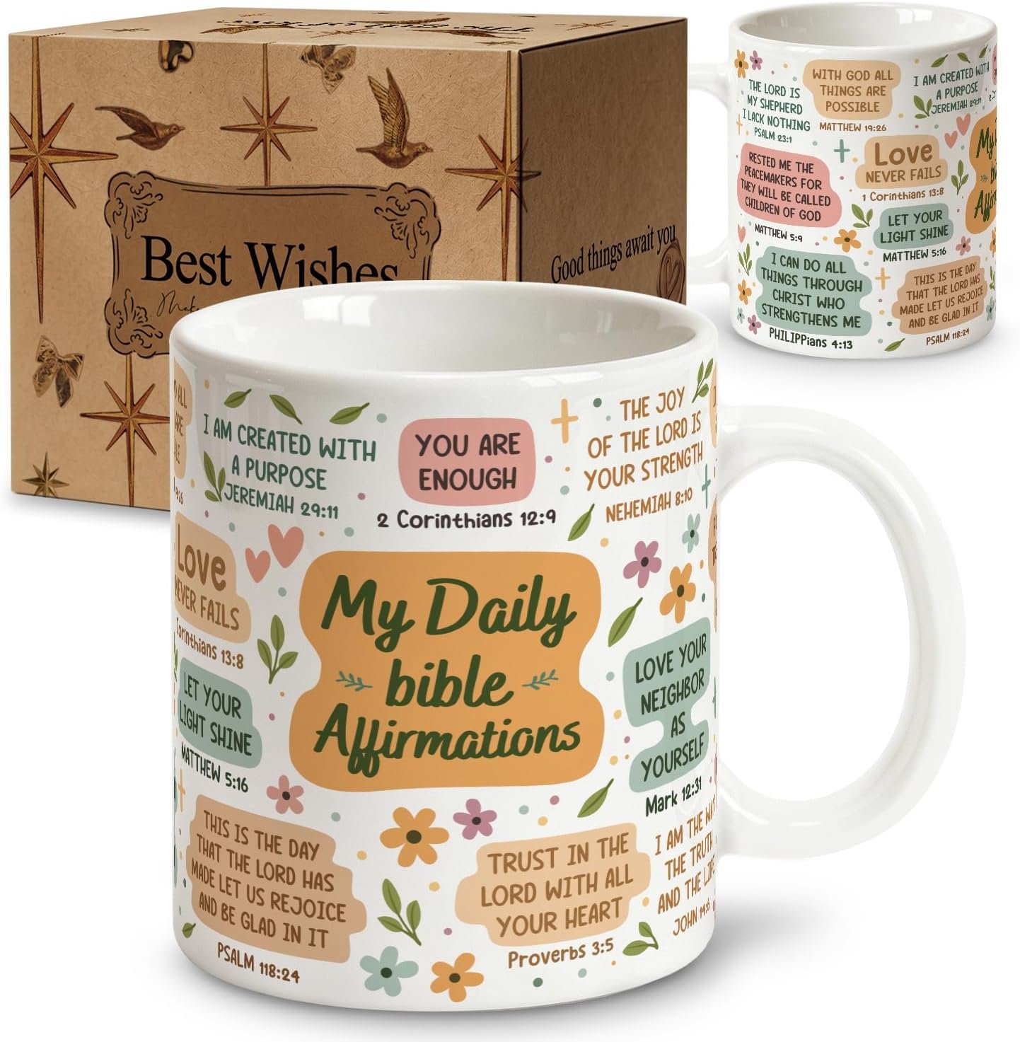 Daily Bible Affirmations Coffee Mug, Christian Scripture Gifts for Women Men Church Friends, Inspirational Religious Encouragement Gifts for Mom Grandma Pastor, Birthday Graduation Mothersday Present