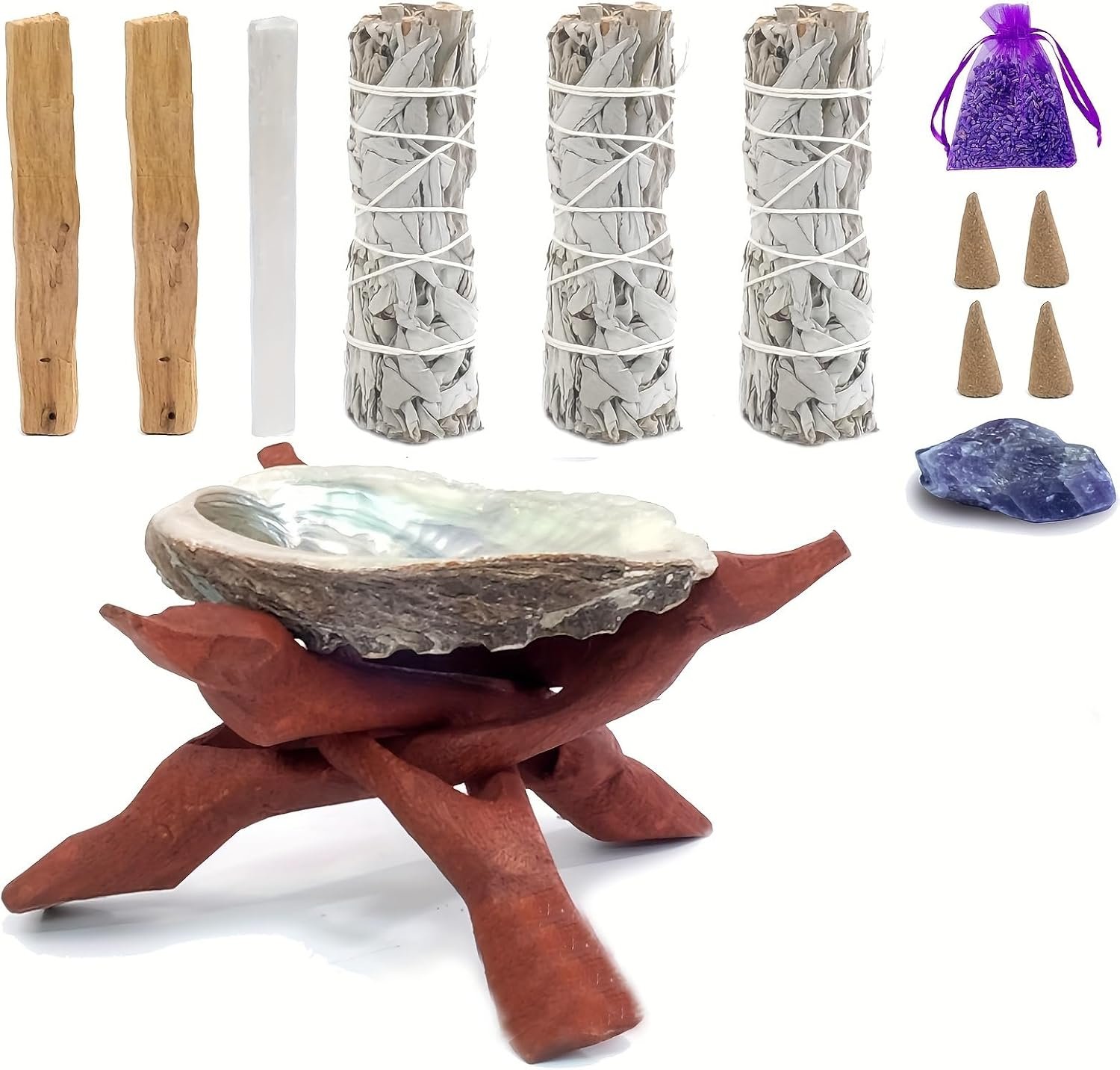 White Sage Smudging Kit Smudge Stick Gift Kit Smudging & Energy Cleansing Kit with Amethyst, White Sage, Palo Santo, Abalone Shell, Stand & Lavender ~ Sage Cedar Incense for Cleansing House