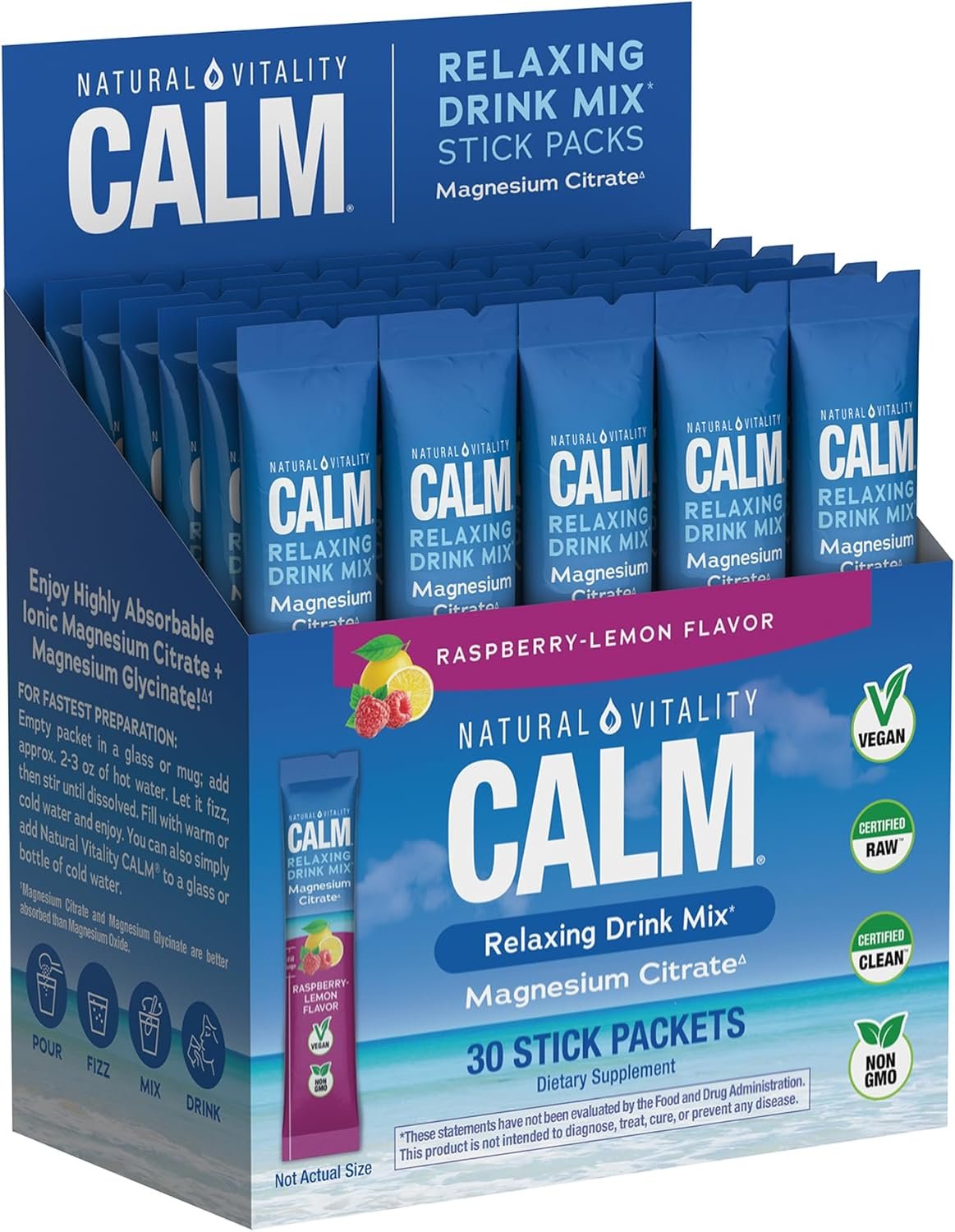 Natural Vitality Calm, Magnesium Citrate Supplement, Anti-Stress Drink Mix Powder – Gluten Free, Vegan, & Non-GMO, Raspberry Lemon, 0.12 oz, 30 Packets | Raspberry Lemon Flavored Relaxing Drink Mix Powder | On-The-Go Pouches | Gluten & Sugar-Free | 255mg Per Serving | 30 Count